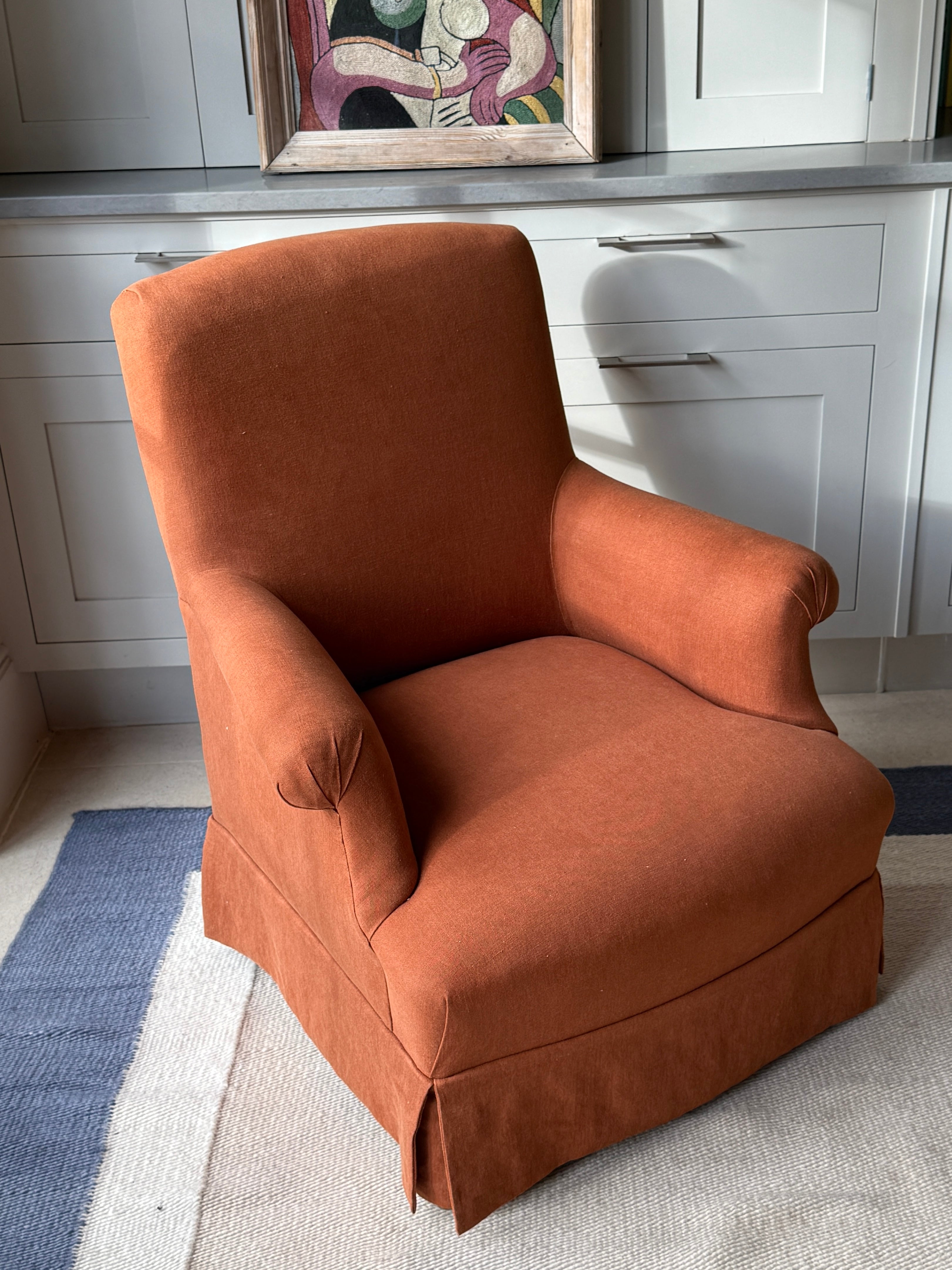 French Squareback Armchair in Rust Linen