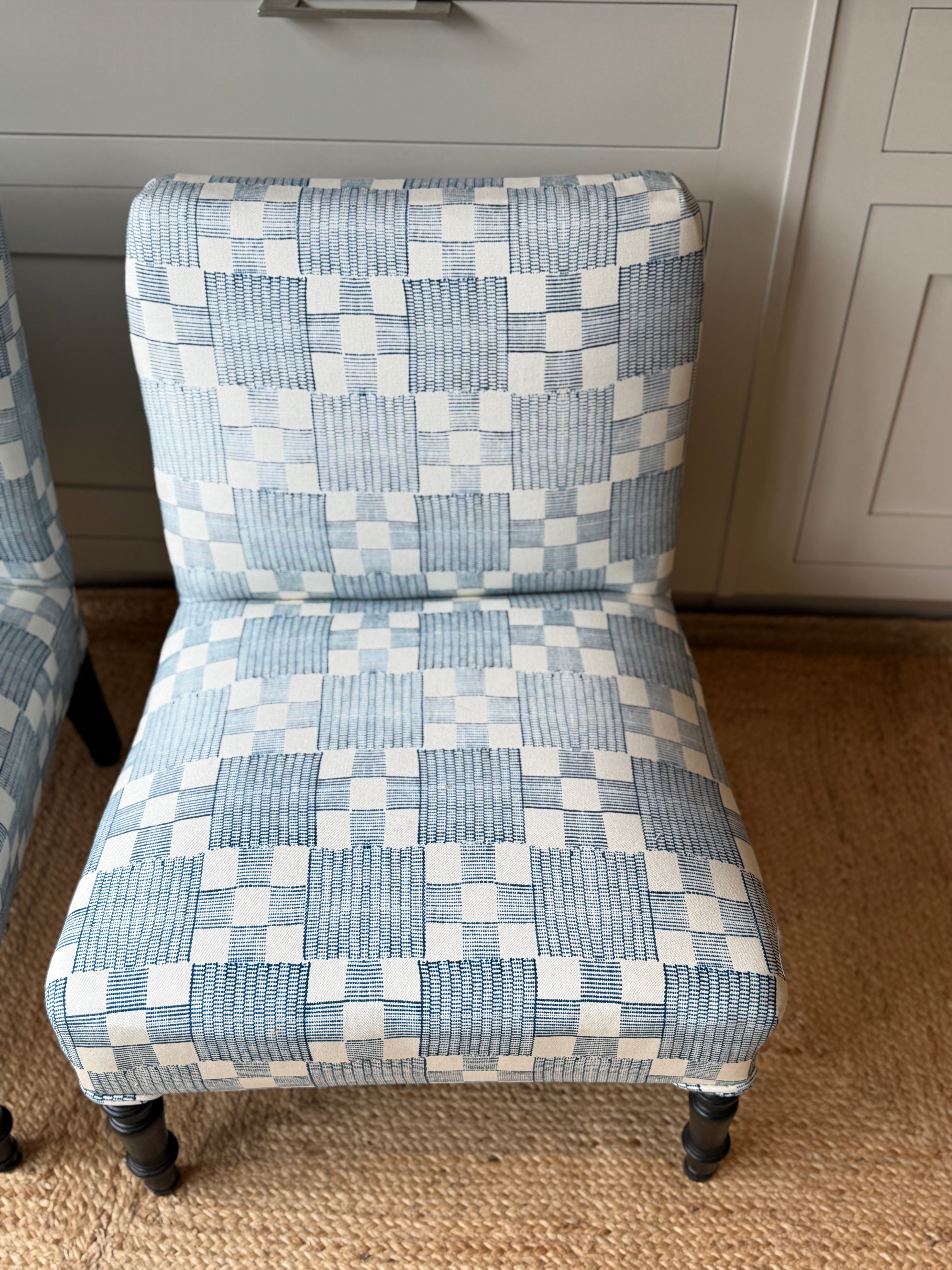 Pair of French Slipper Chairs in Jennifer Shorto Petrol Blue Panama