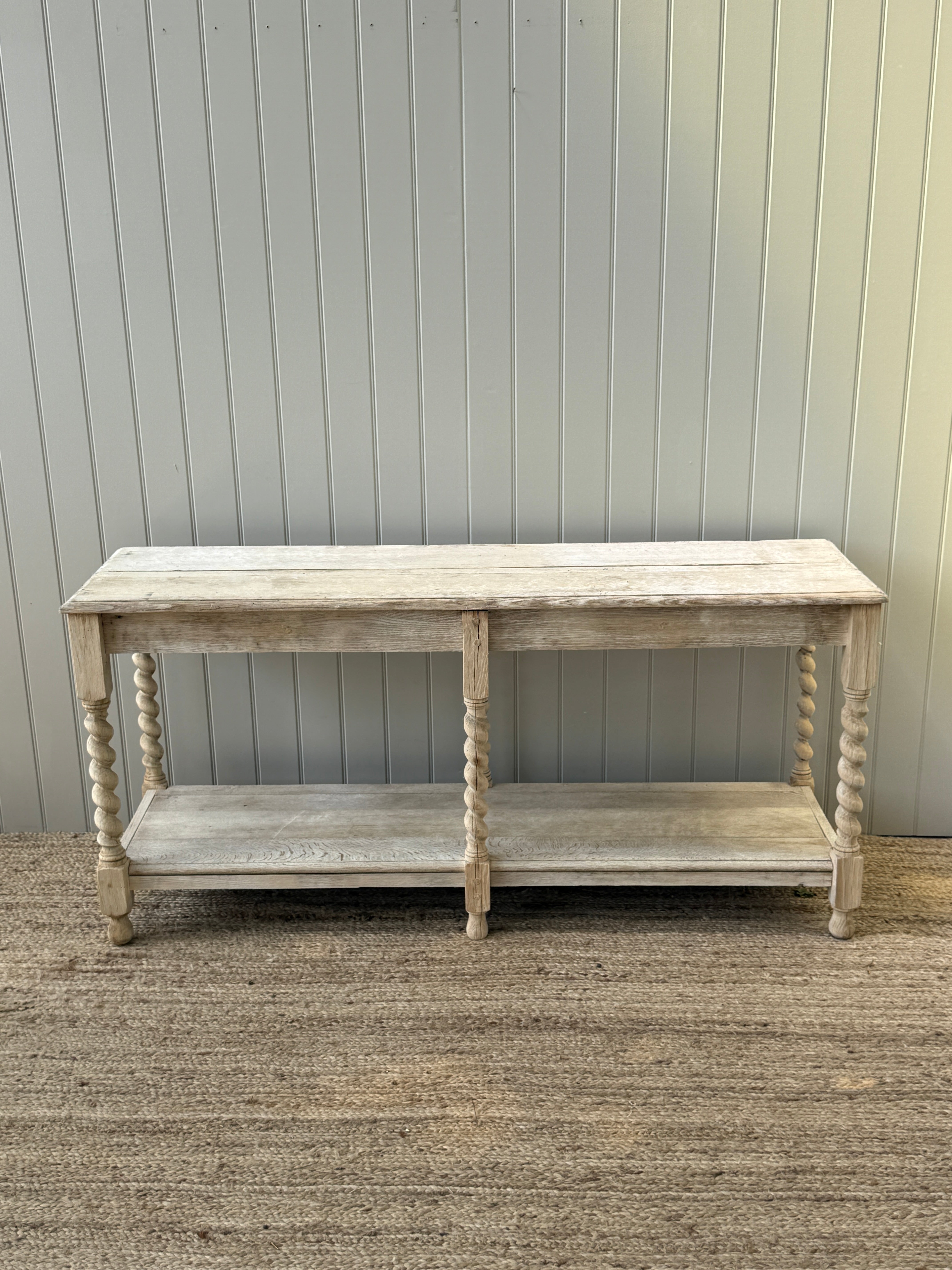 French Bleached Oak Two-Tier Console Table with Barley Twist Supports