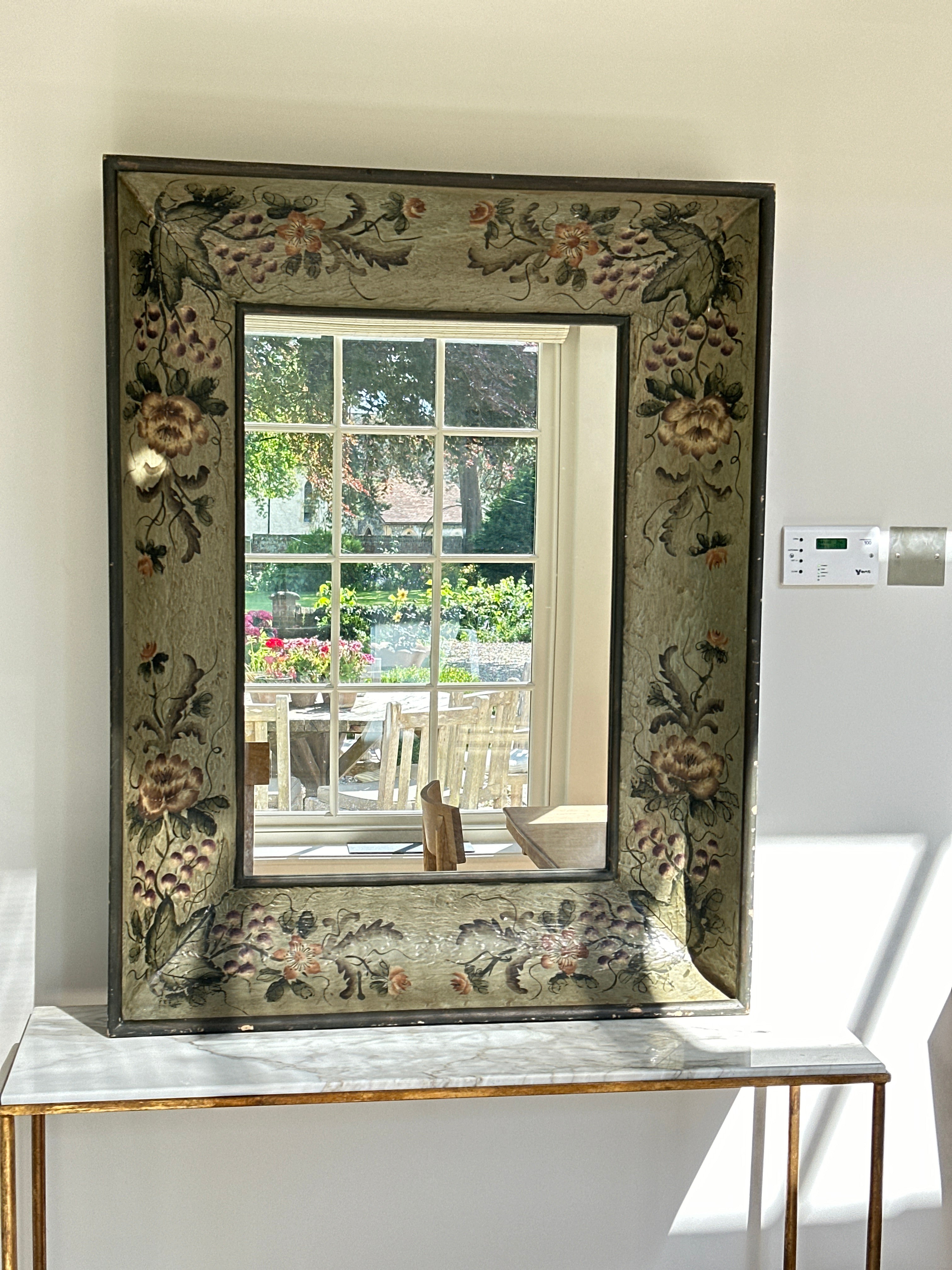 Large Vintage Wooden Dark Green Mirror with hand painted floral motifs