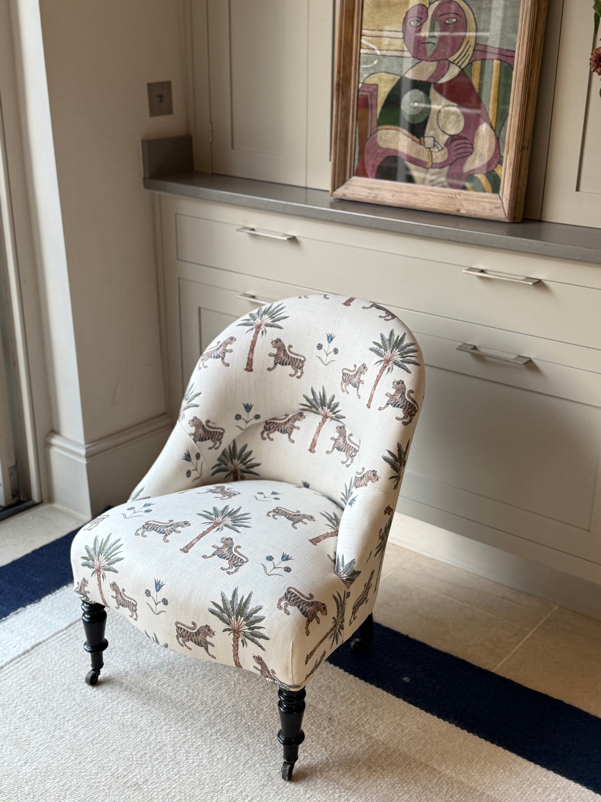 Antique French Slipper Chair in Schumacher ‘ Tiger Palm’