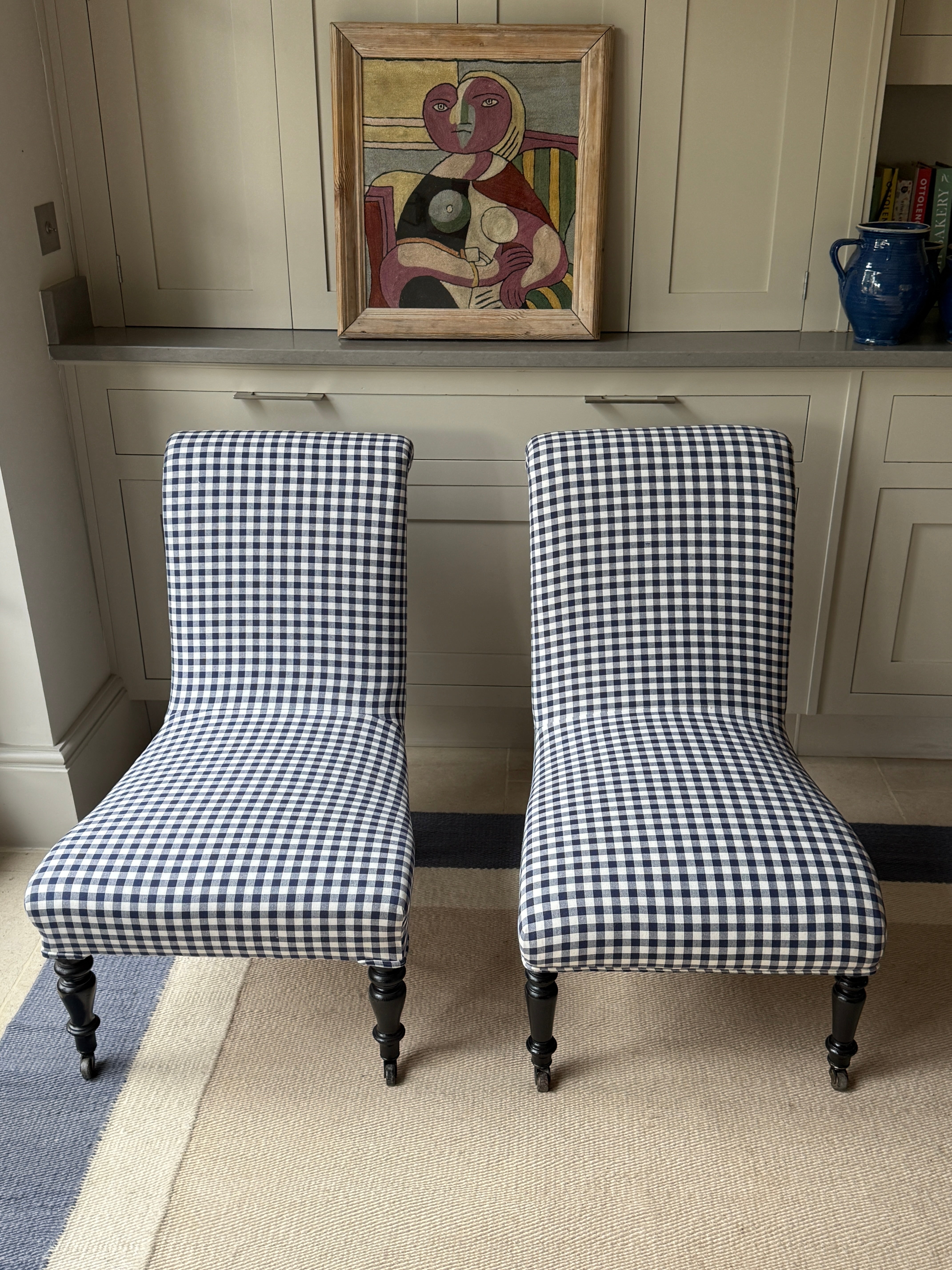 Pair of Non Identical Scroll back Slipper Chairs in Navy Gingham