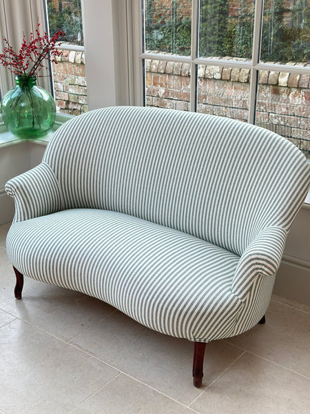 Small French 2 Seat Sofa ‘loveseat’ in green and white ticking