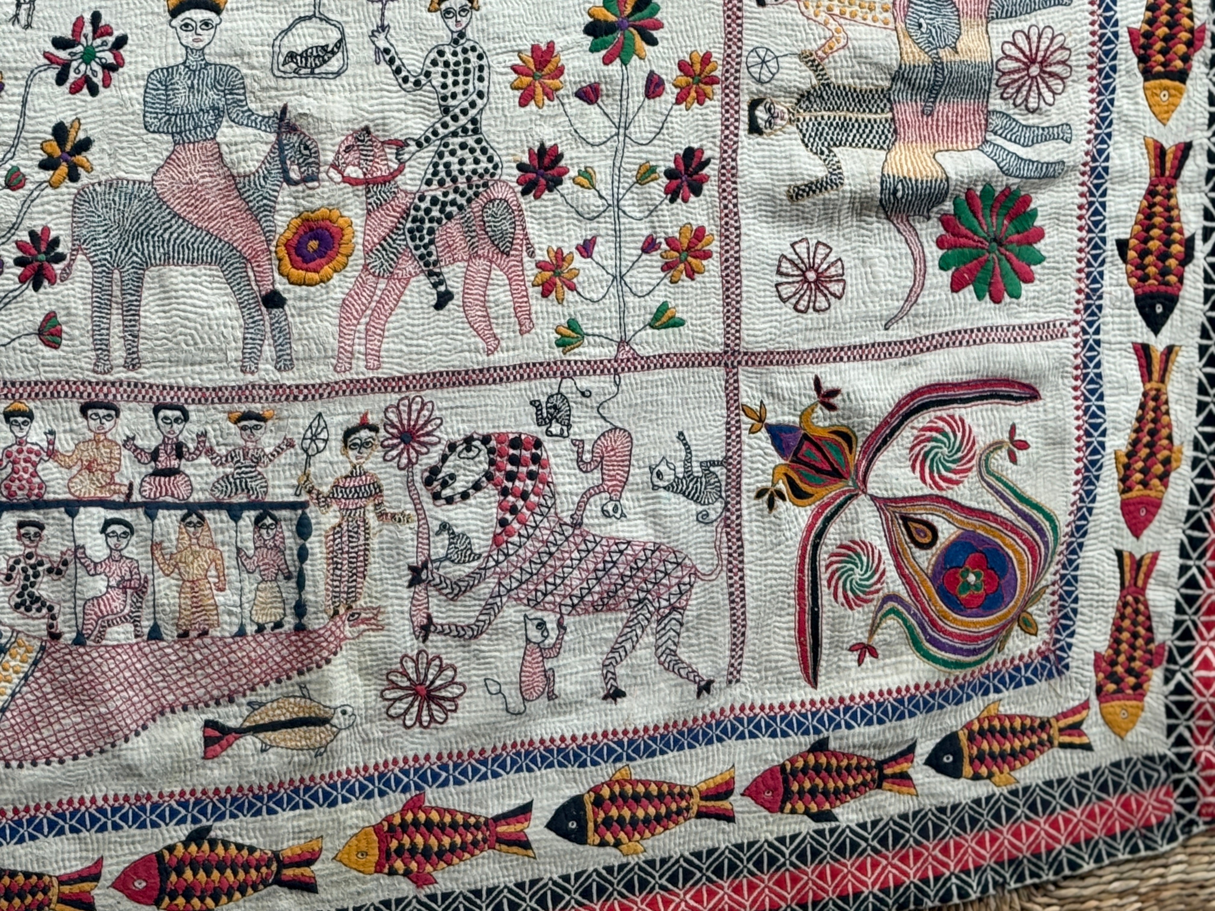 Rare Bengali Nakshi Kantha with Fish Border c late 19th Century