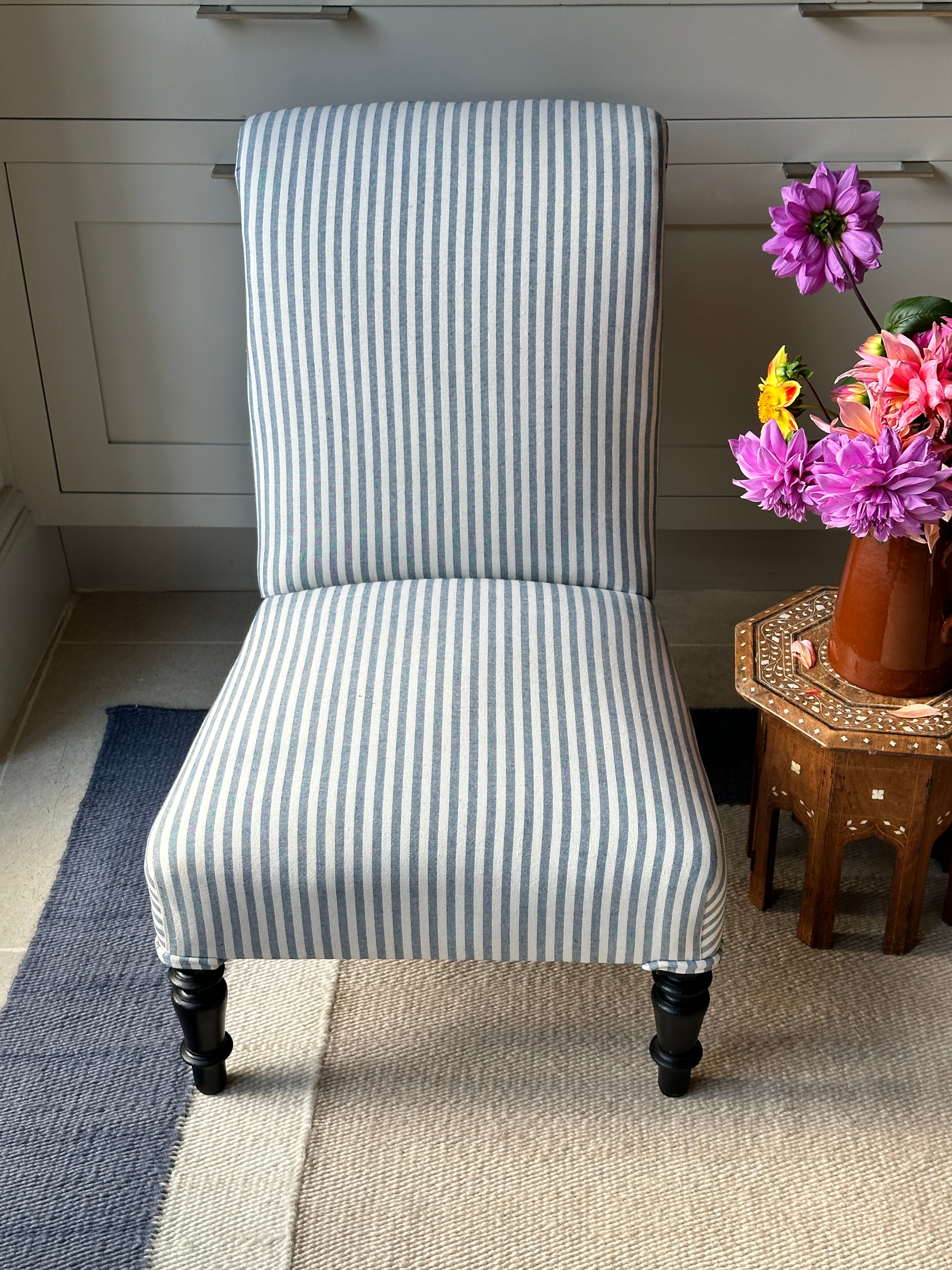 French Scroll back Slipper Chair in Blue & White ticking