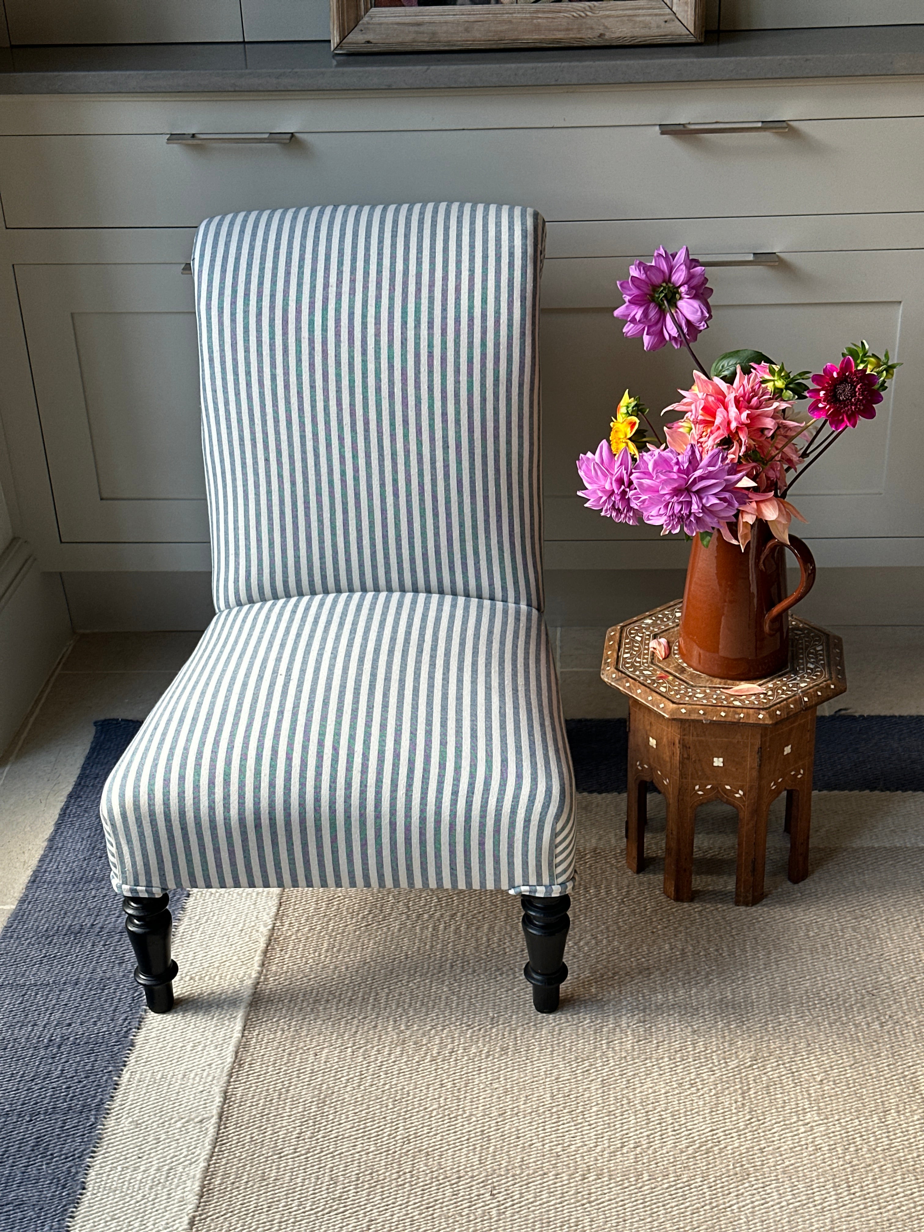 French Scroll back Slipper Chair in Blue & White ticking