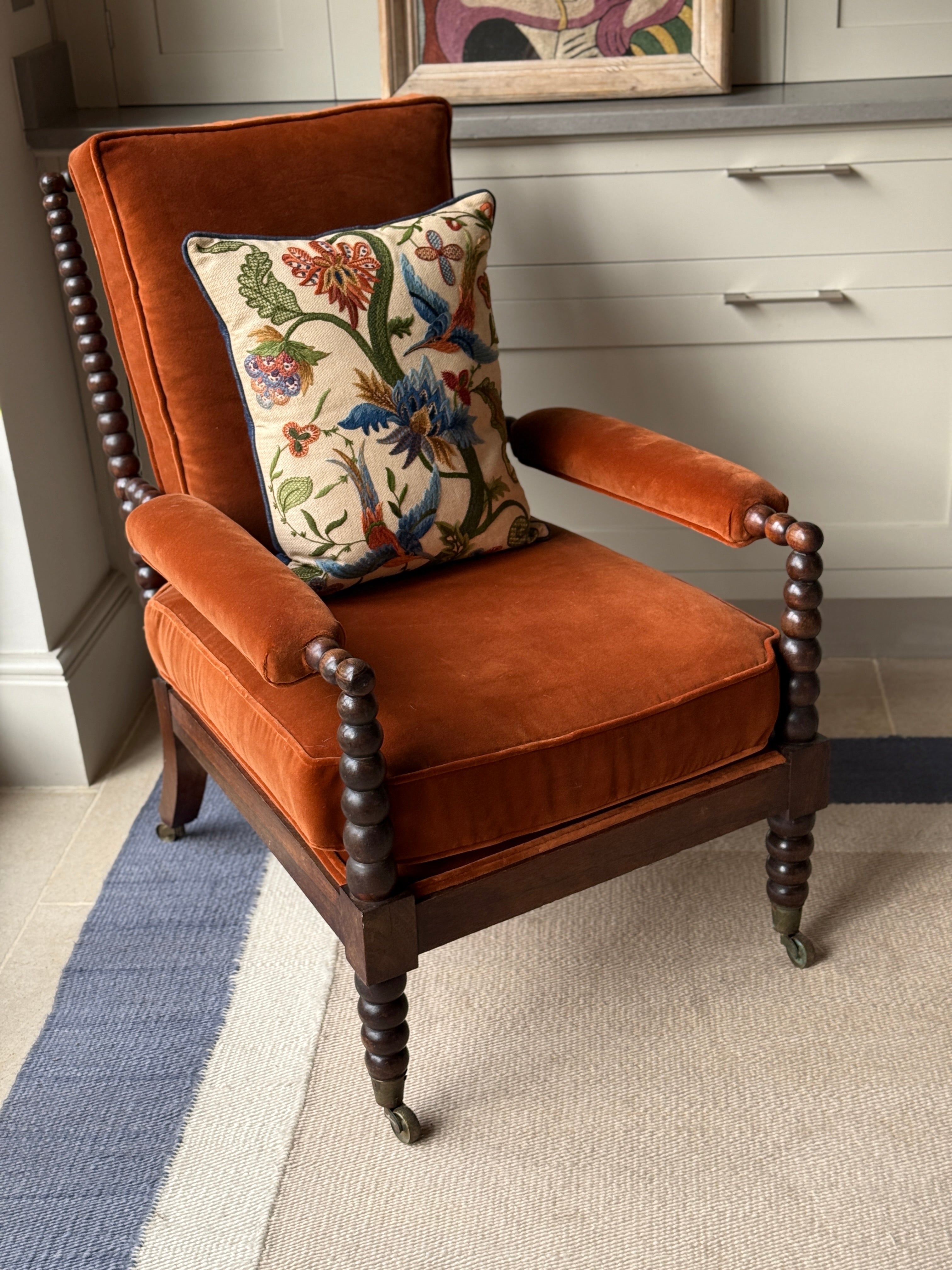 Early 20th Century Bobbin Turned Open Chair in RU Velvet