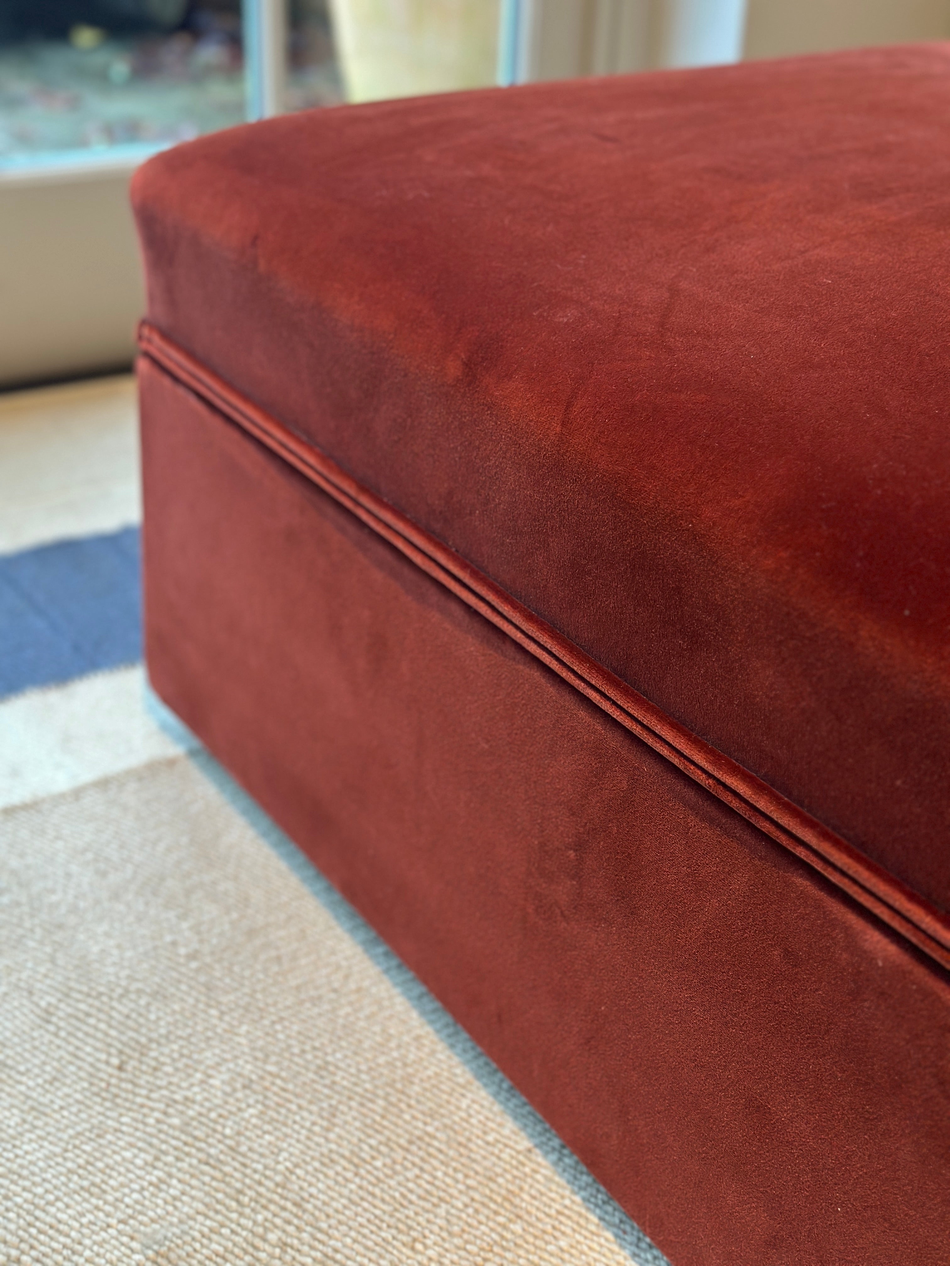 Antique French Ottoman Footstool in Rose Uniacke Cotton Velvet Burnt Siena