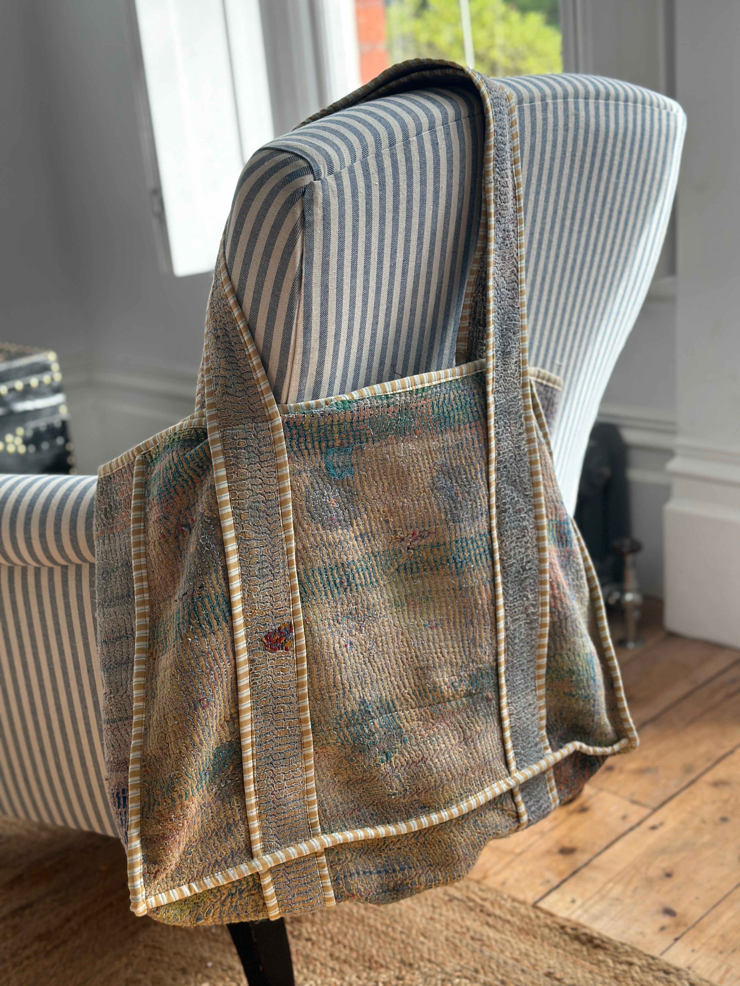 Vintage Indian Kantha Totes with Stripy Piping