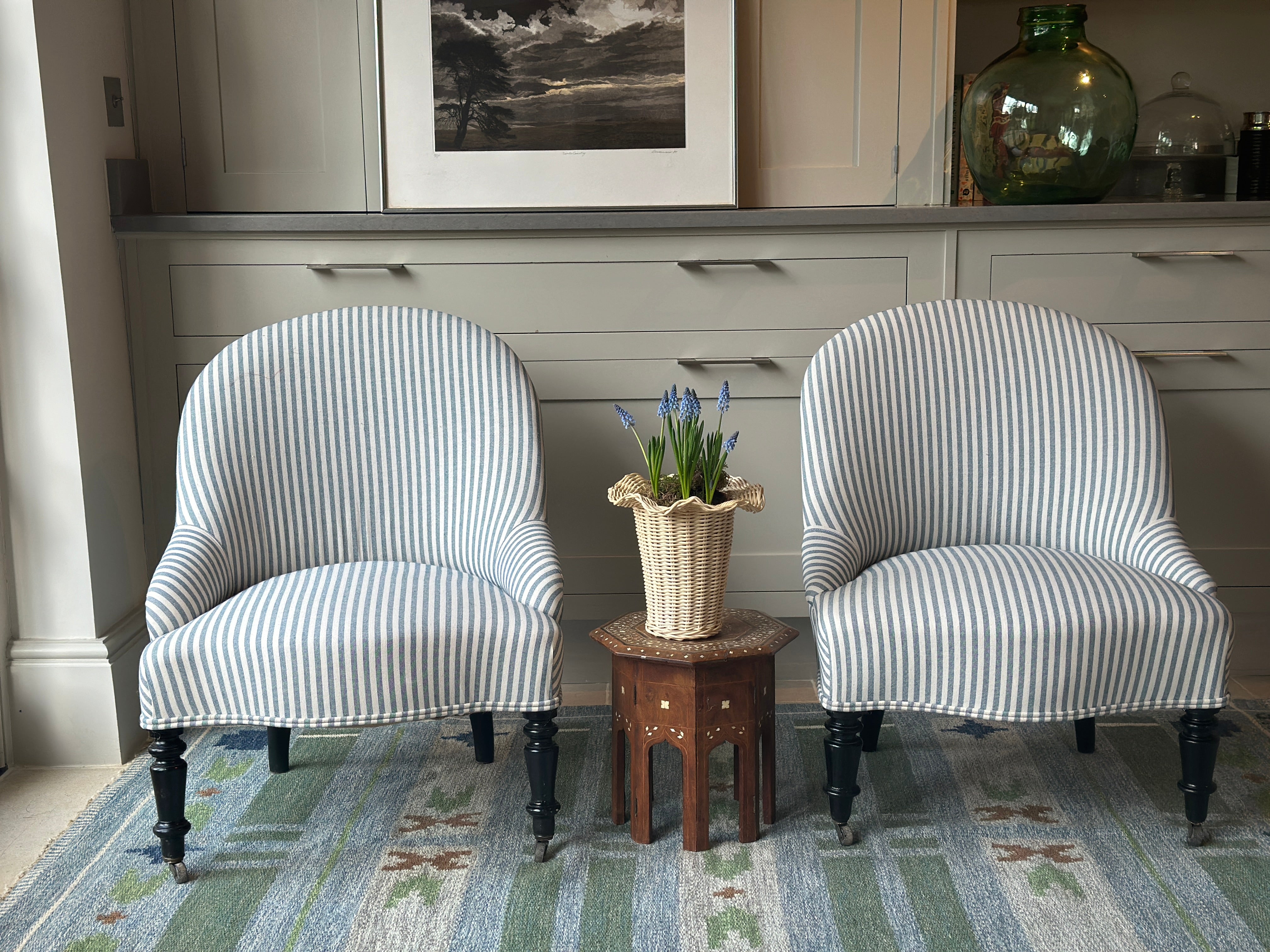 Pair of C19th French Slipper Chairs in Blue Ticking