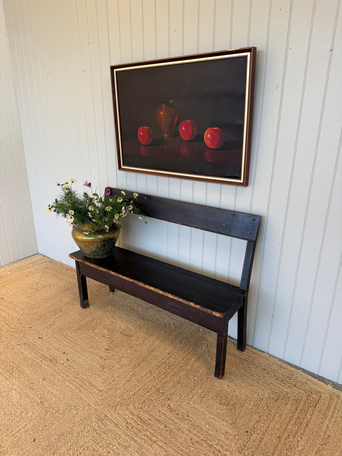 Rustic 19th Century Painted Pine Bench with Slatted Back