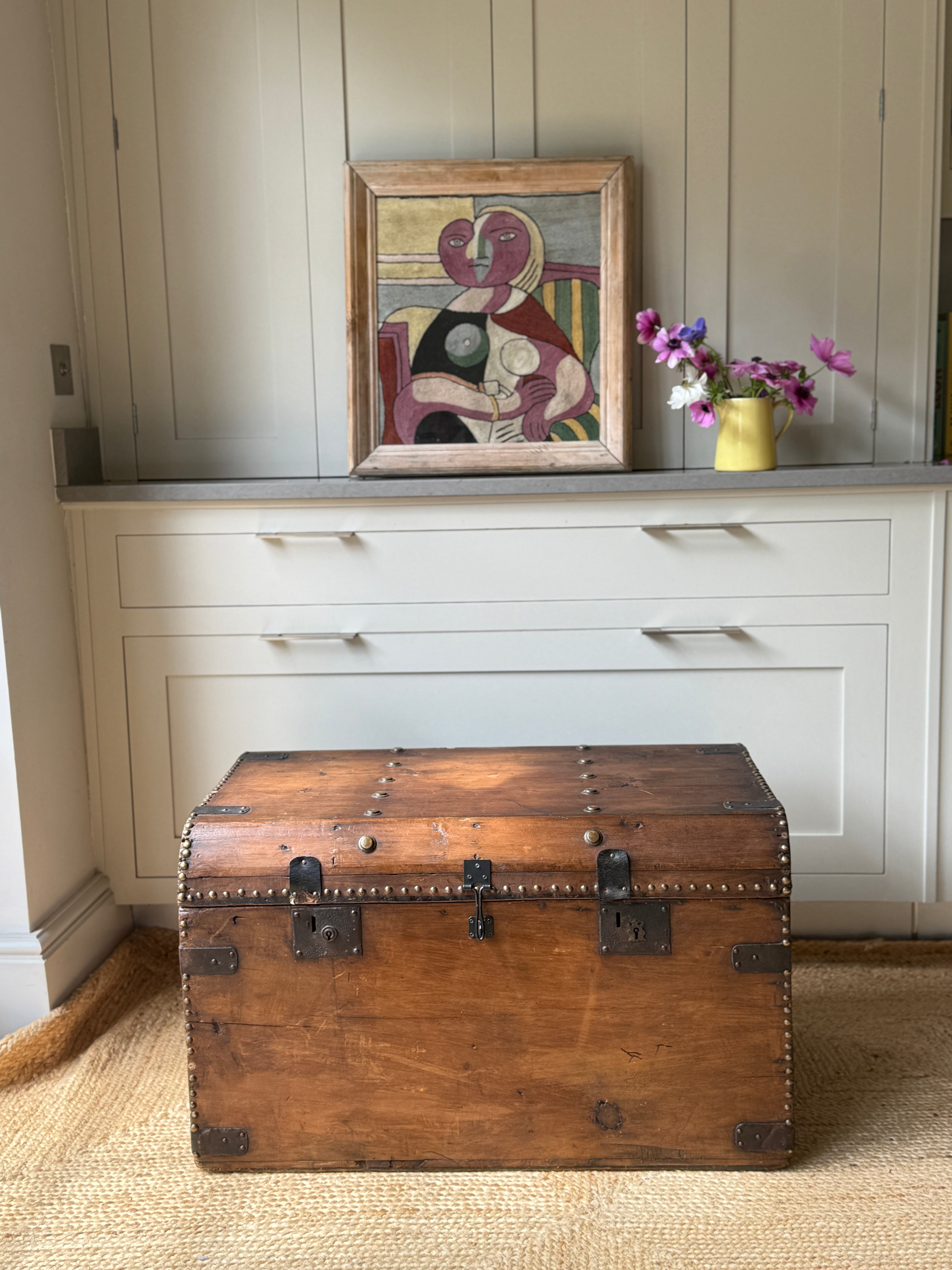 Large Antique Pine Truck with Brass Studs and Rounded Edges