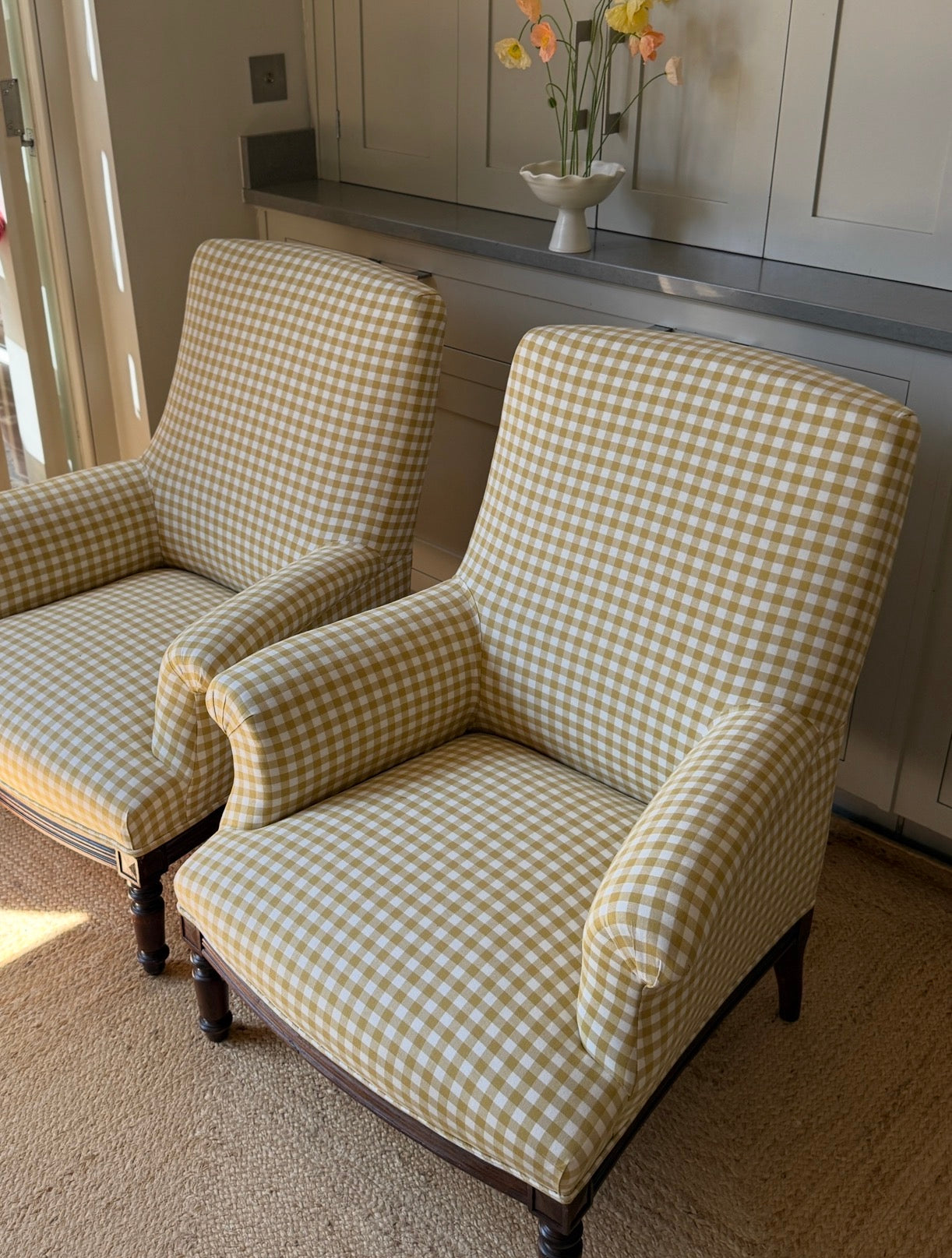 A Pair of Napoleon III Armchairs, Reupholstered in Yellow Gingham