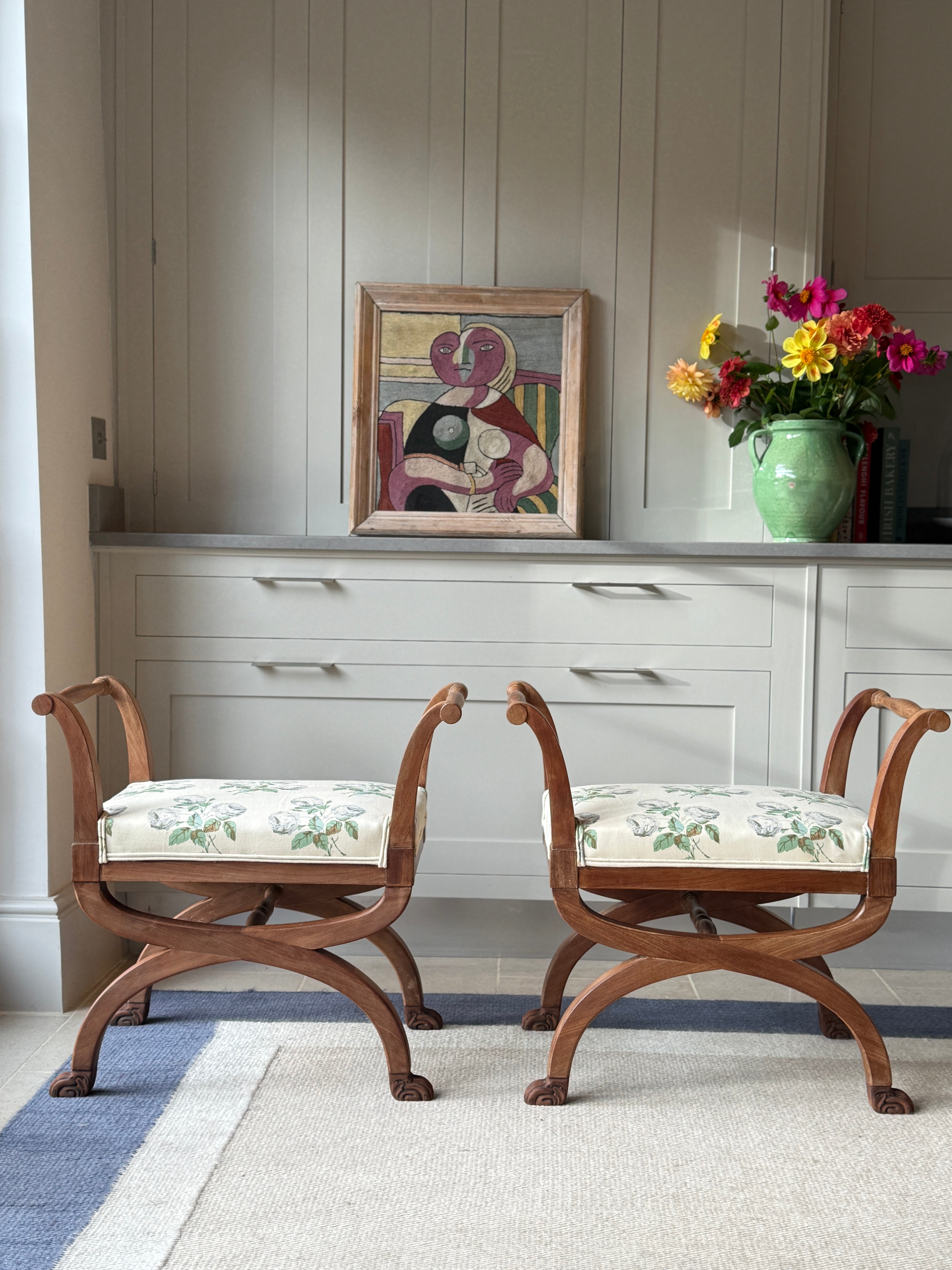 Pair of Bleached Mahogany X Frame Stools Upholstered in Colefax and Fowler Bowood