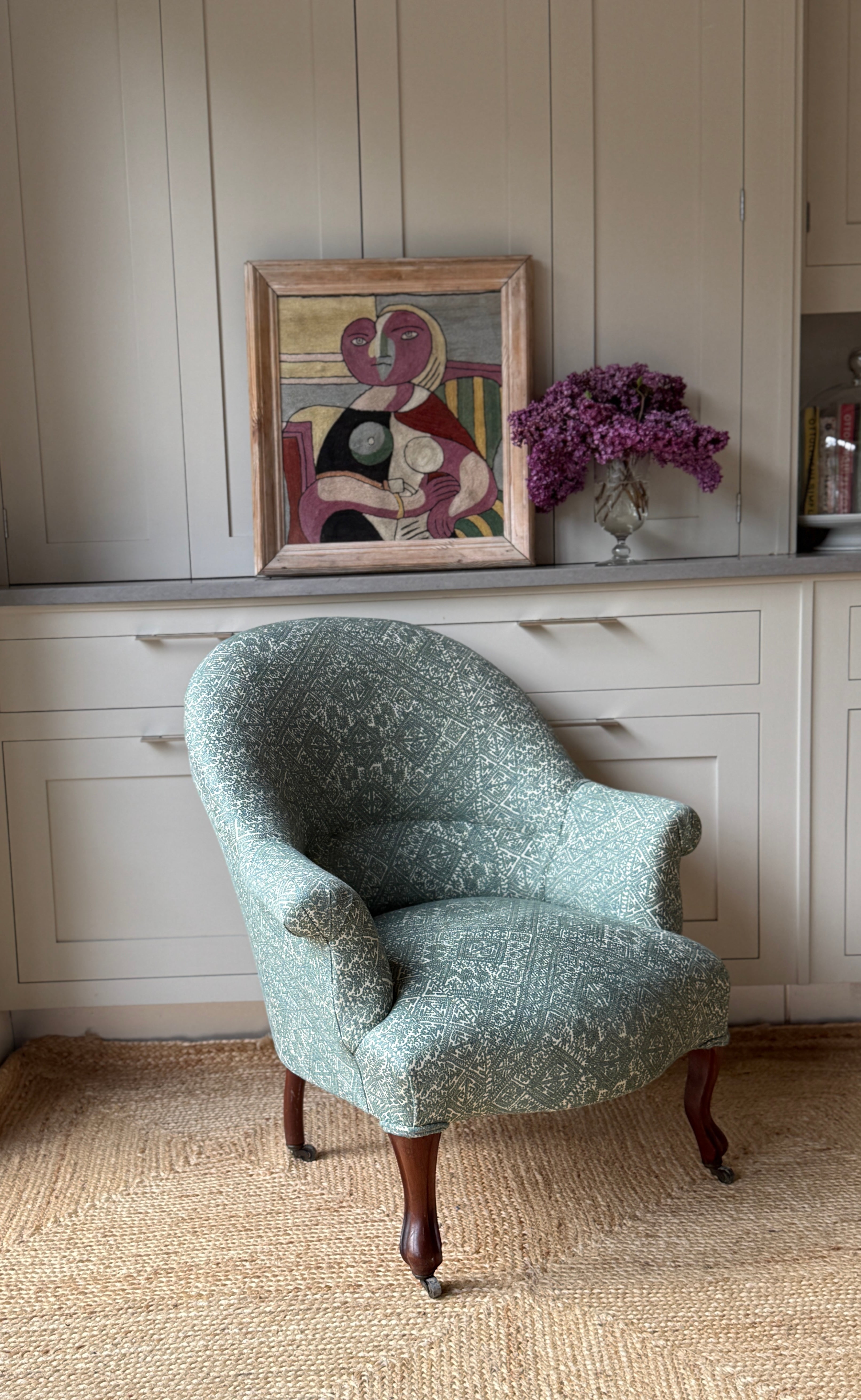 Antique French Tub Chair in GG Fez Weave Seafoam
