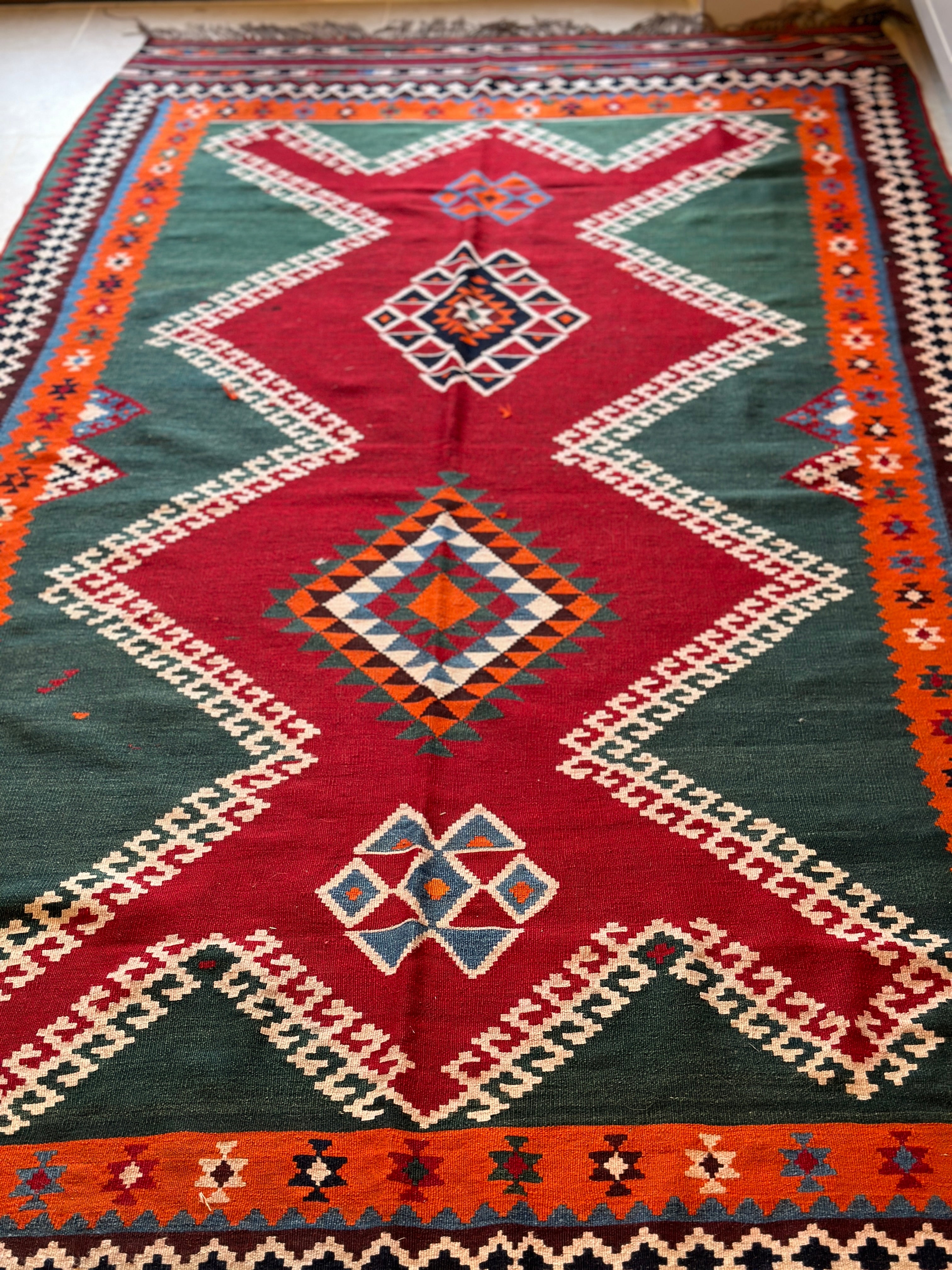 Vintage Persian Qashqai Kilim in vibrant colour.