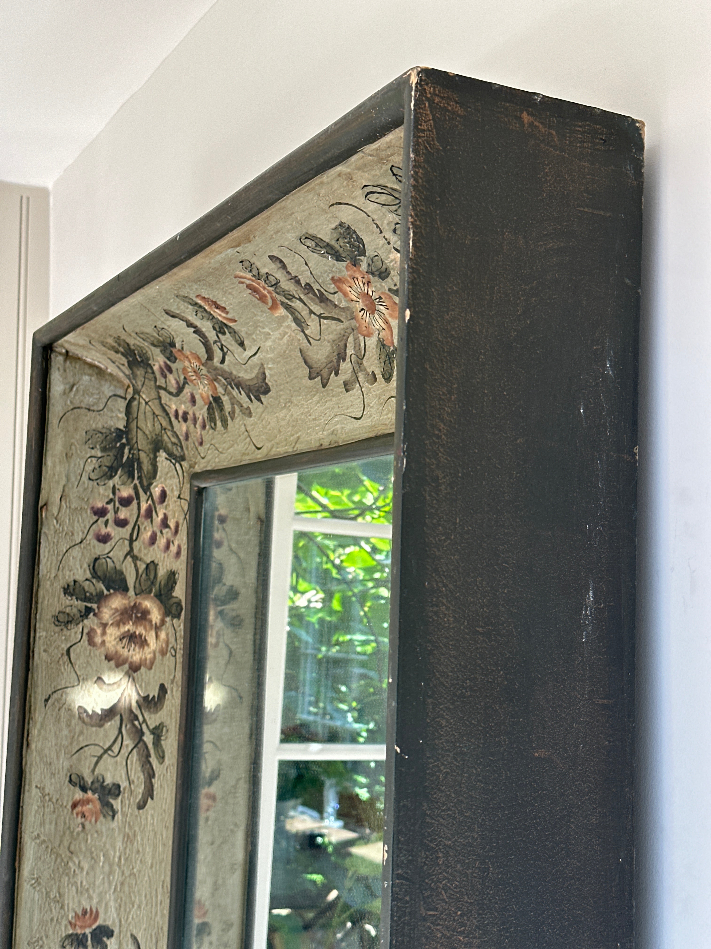 Large Vintage Wooden Dark Green Mirror with hand painted floral motifs