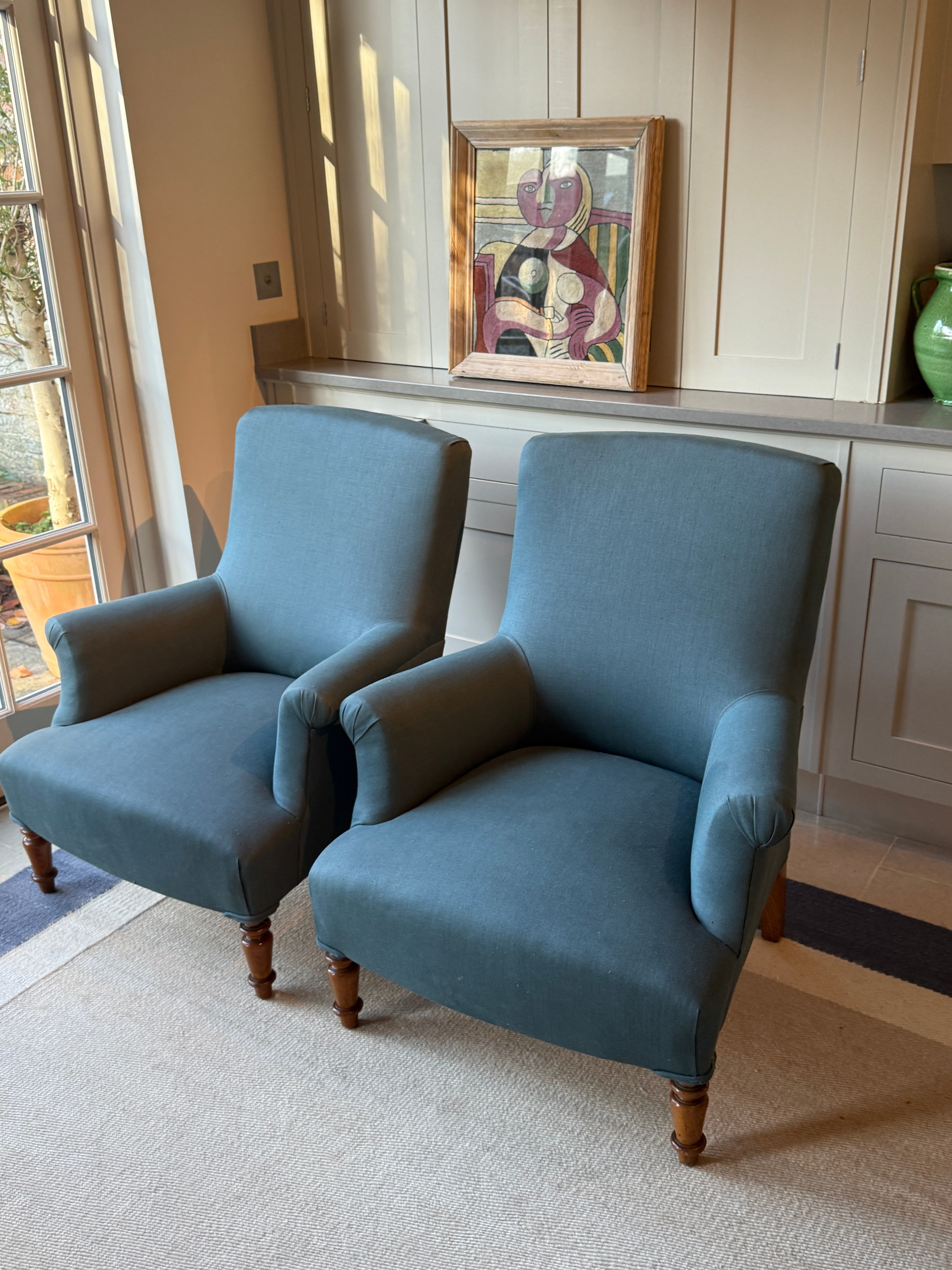 Pair of Armchairs in an RAF blue linen