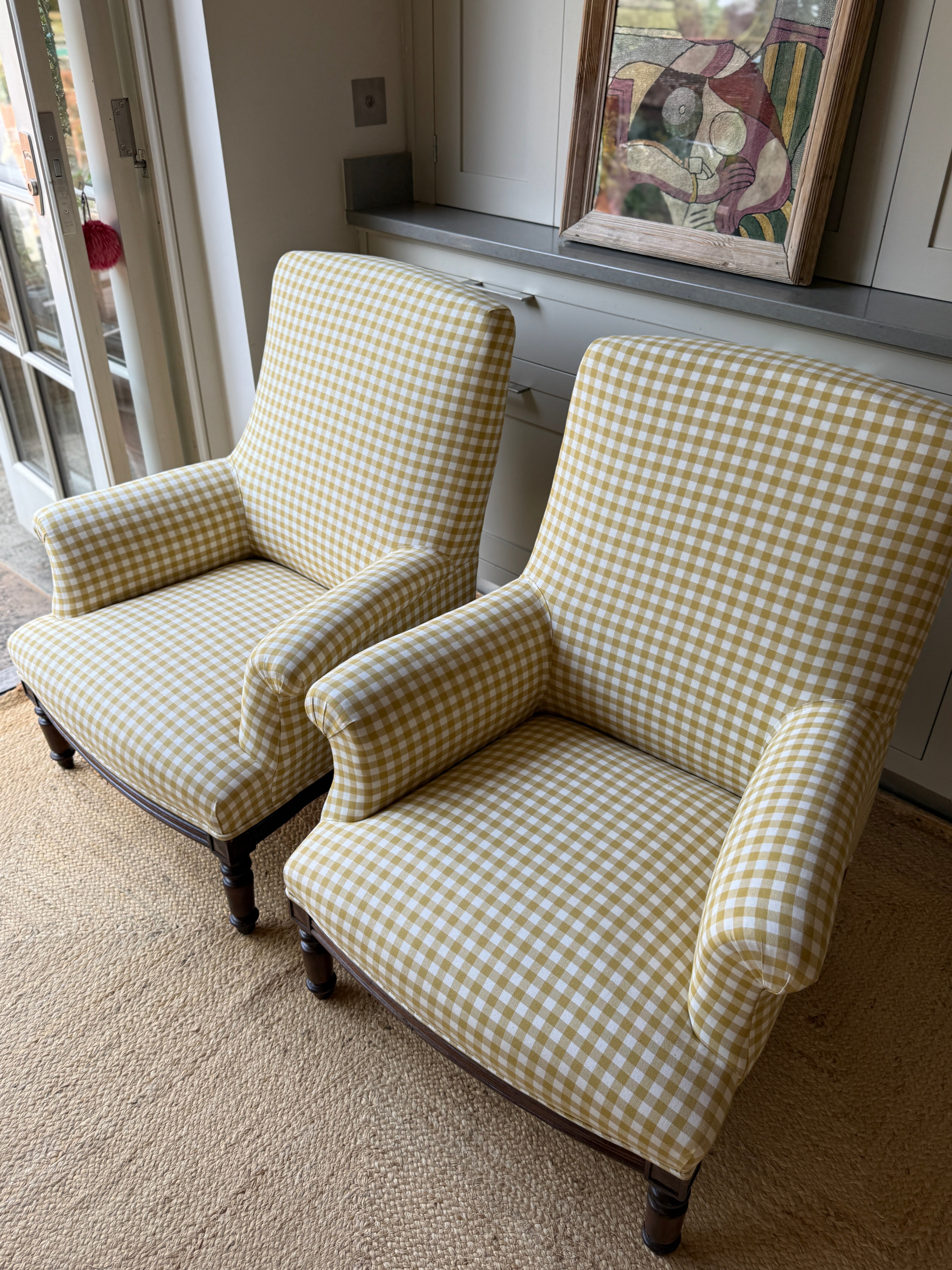 A Pair of Napoleon III Armchairs, Reupholstered in Yellow Gingham
