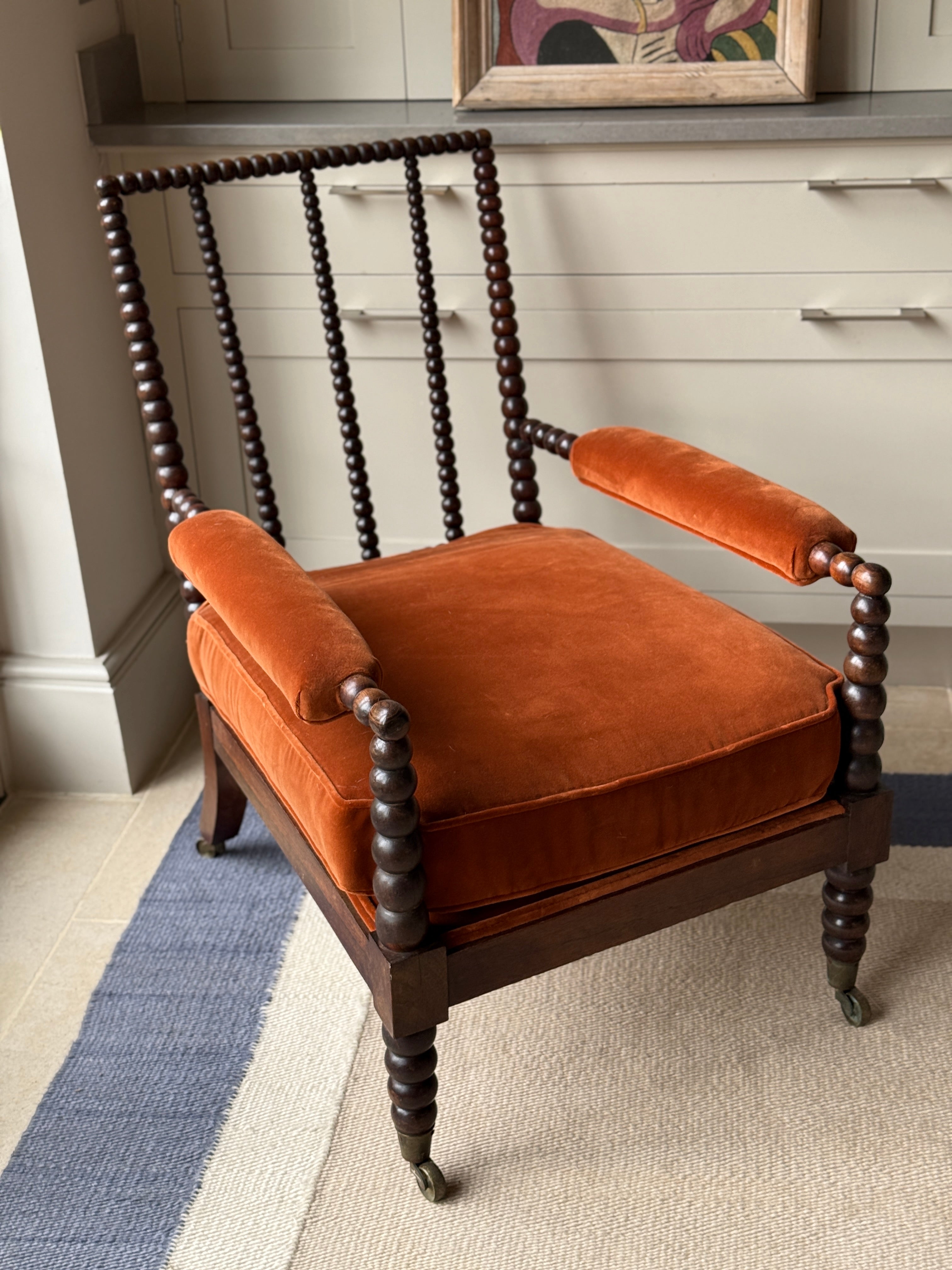 Early 20th Century Bobbin Turned Open Chair in RU Velvet