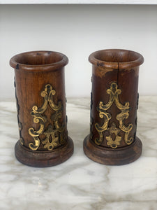 Pair of Decorative Antique Wooden and Brass Spill Vases