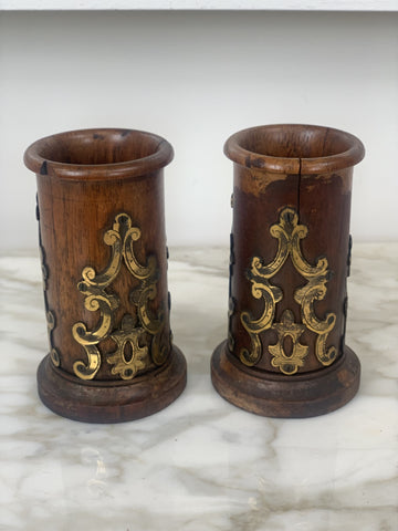 Pair of Decorative Antique Wooden and Brass Spill Vases