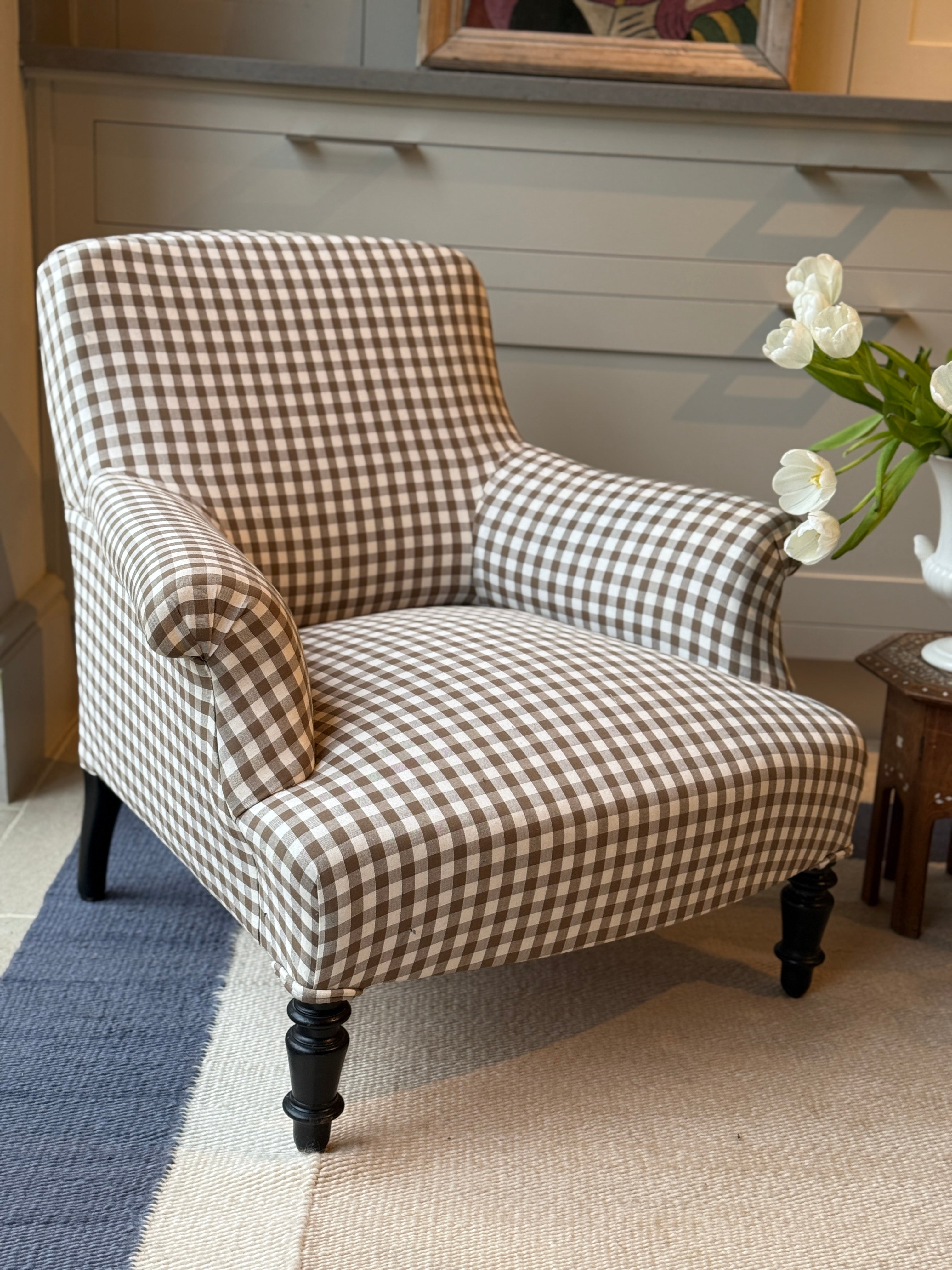 Small Napoleon III Square Back armchair in brown gingham