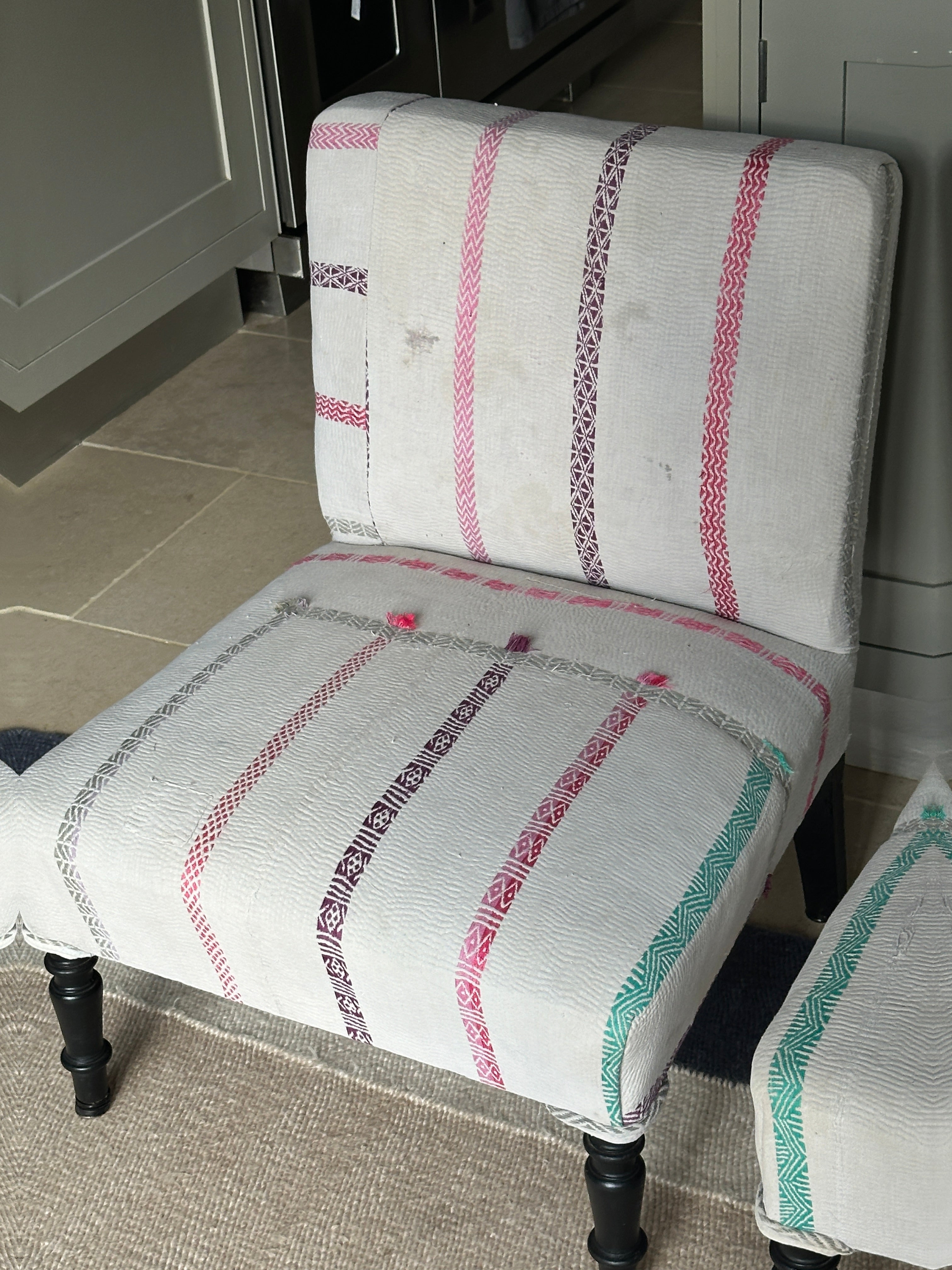 Sweet Pair of French Slipper Chairs in a Candy Striped Kantha