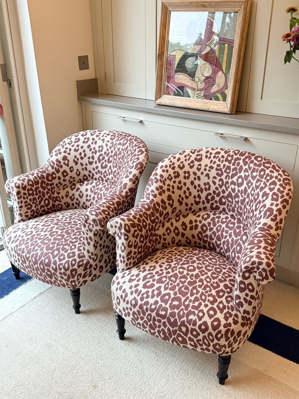 Pair of 19th Century French Chairs in Schumacher Iconic Leopard Linen, Raisin