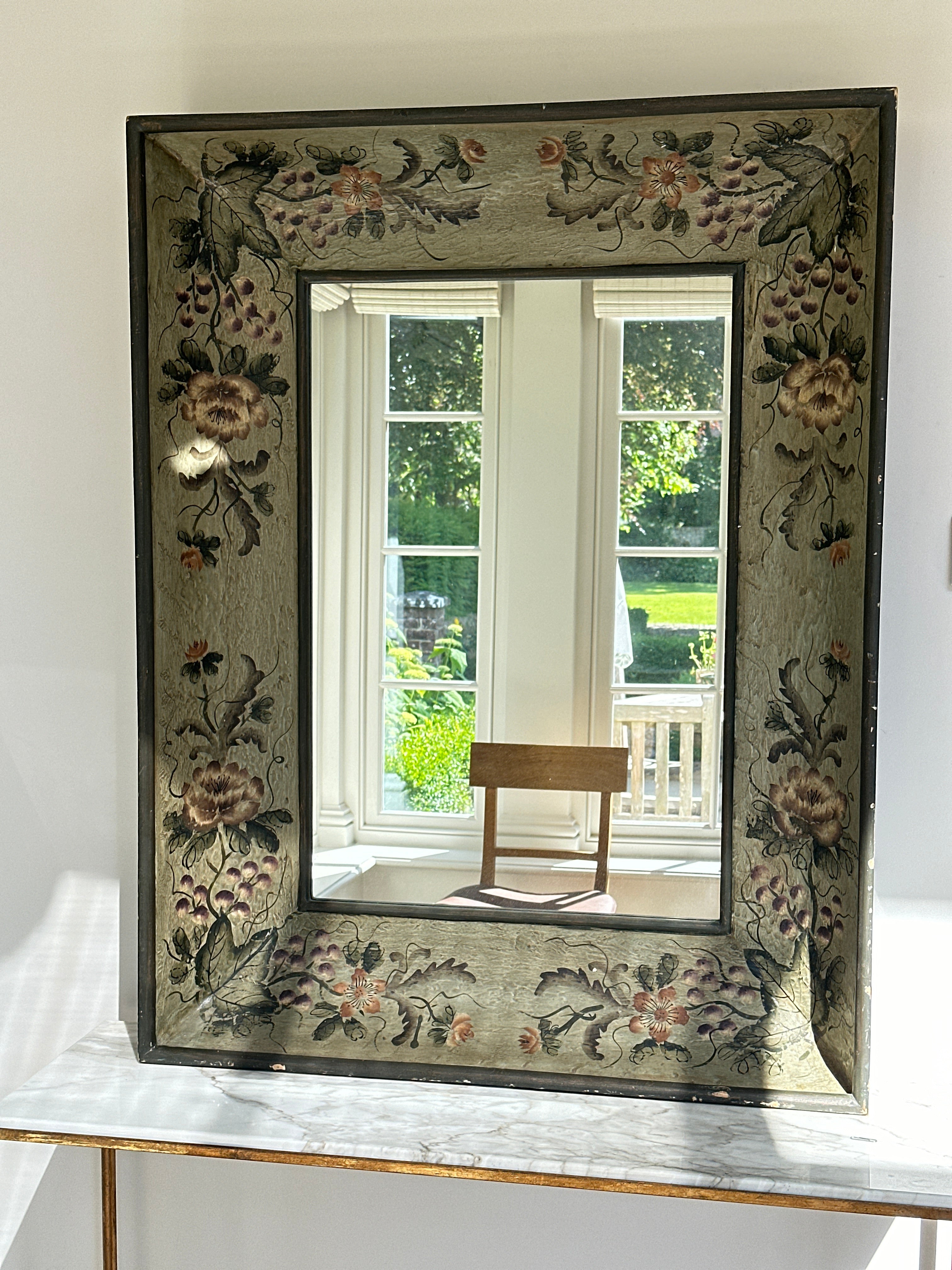 Large Vintage Wooden Dark Green Mirror with hand painted floral motifs