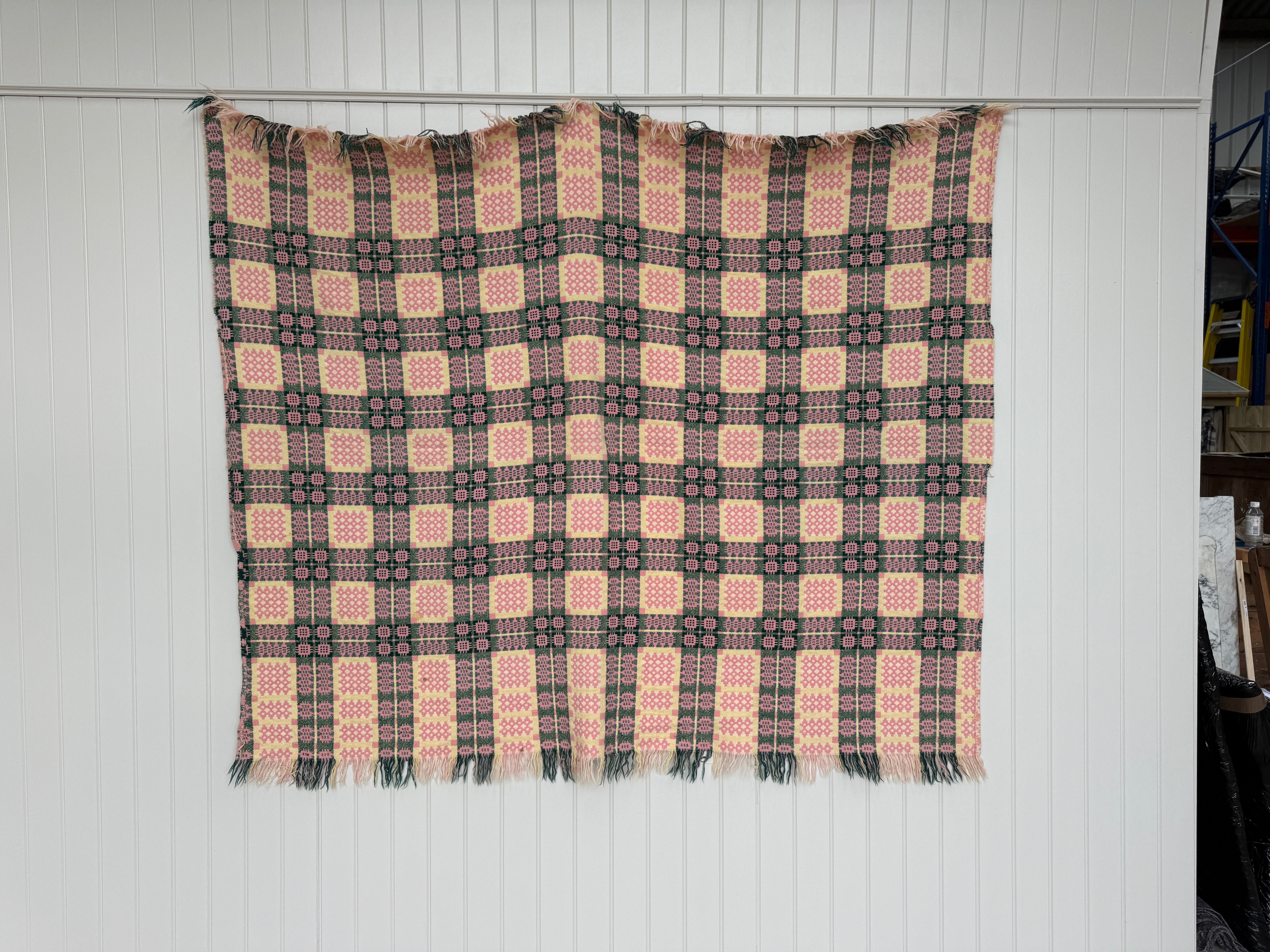 Vintage Welsh Blanket in Pink, Green and Yellow