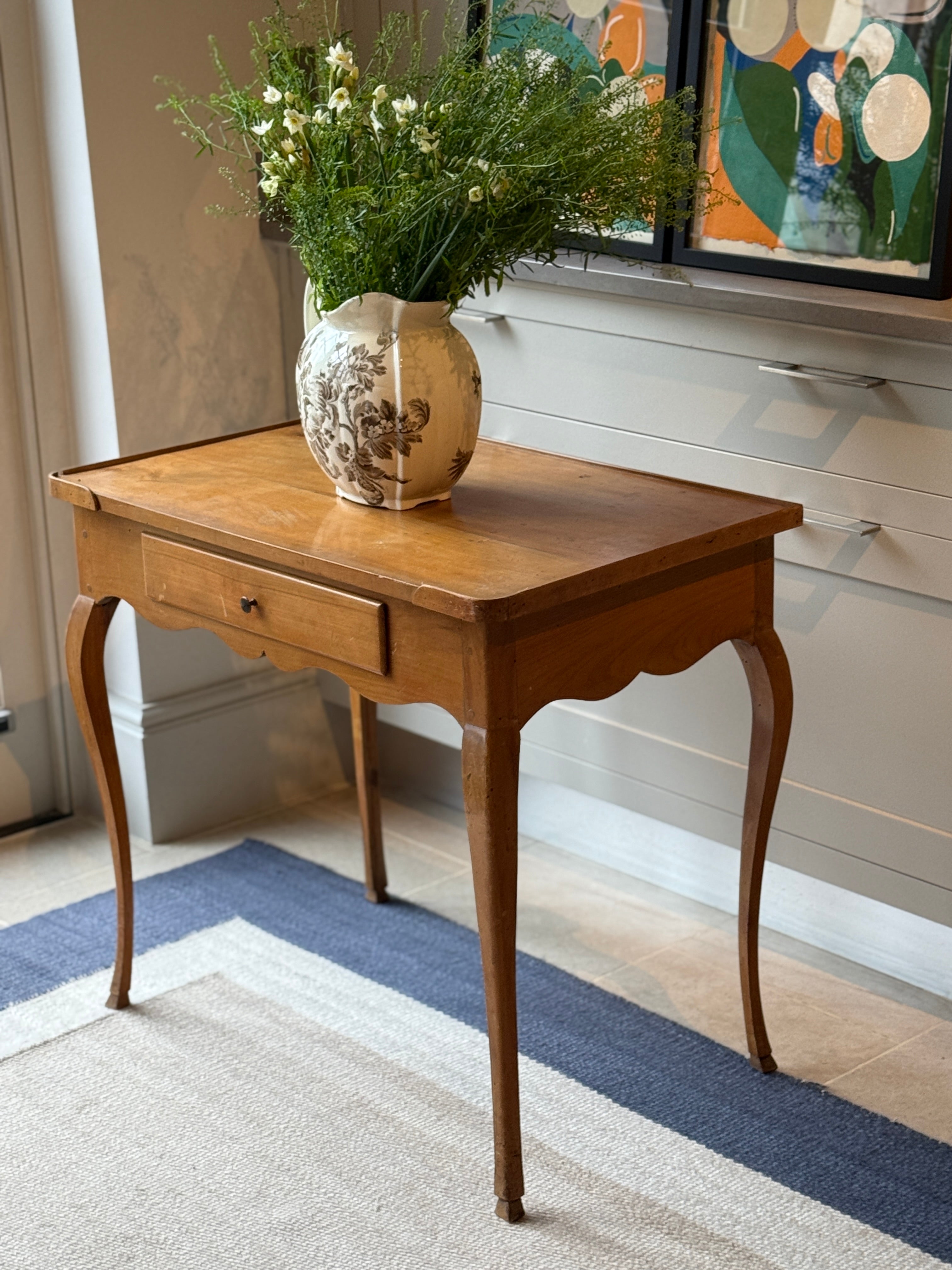 French Fruitwood Table with scalloped apron and drawer