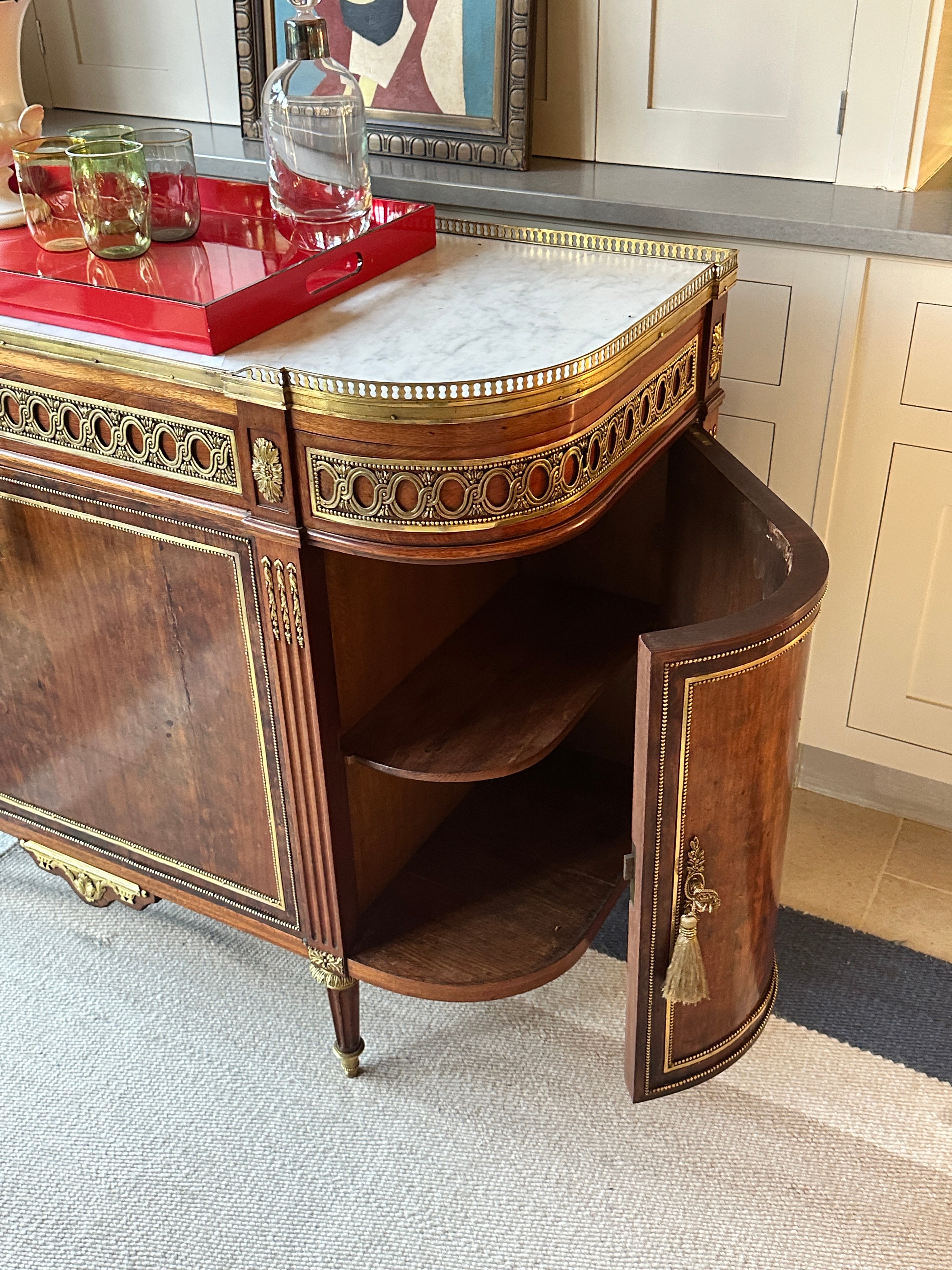 Neoclassical Louis XVI style Mahogany Server with White Marble Top and Brass Gallery