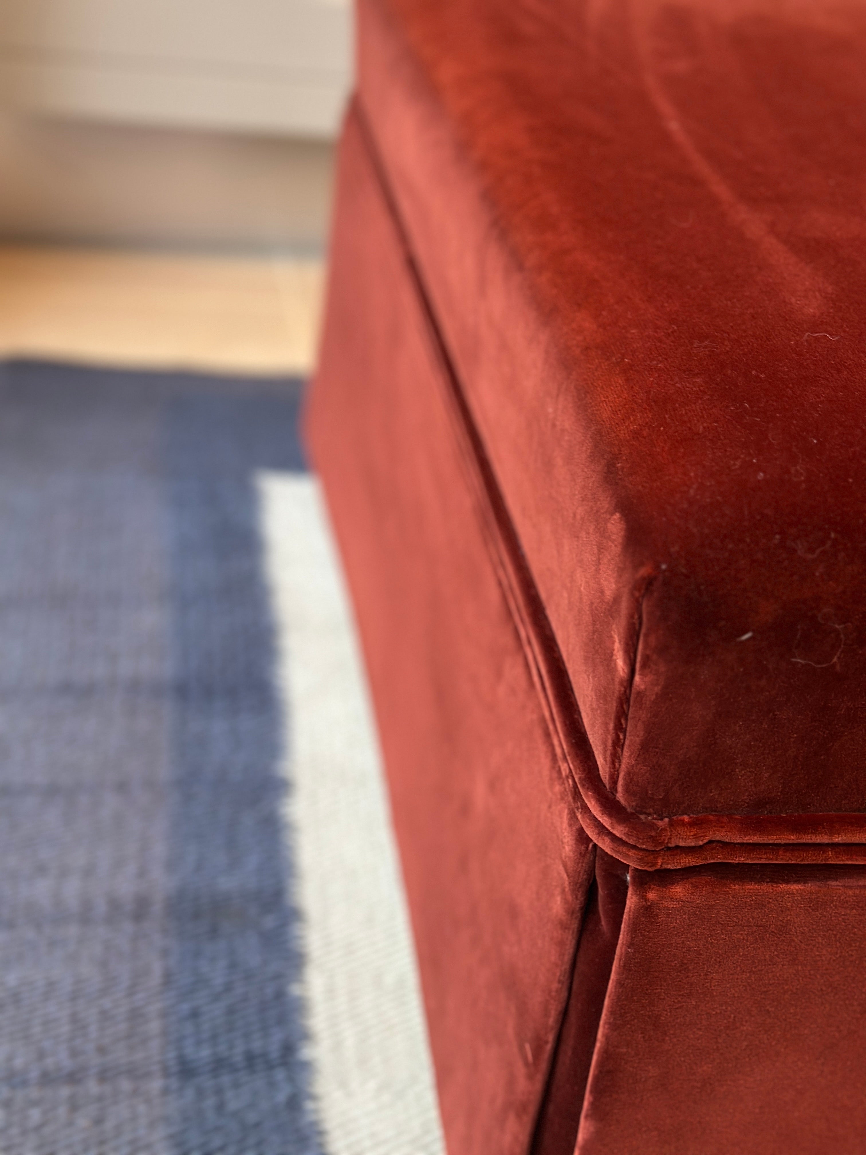 Antique French Ottoman Footstool in Rose Uniacke Cotton Velvet Burnt Siena