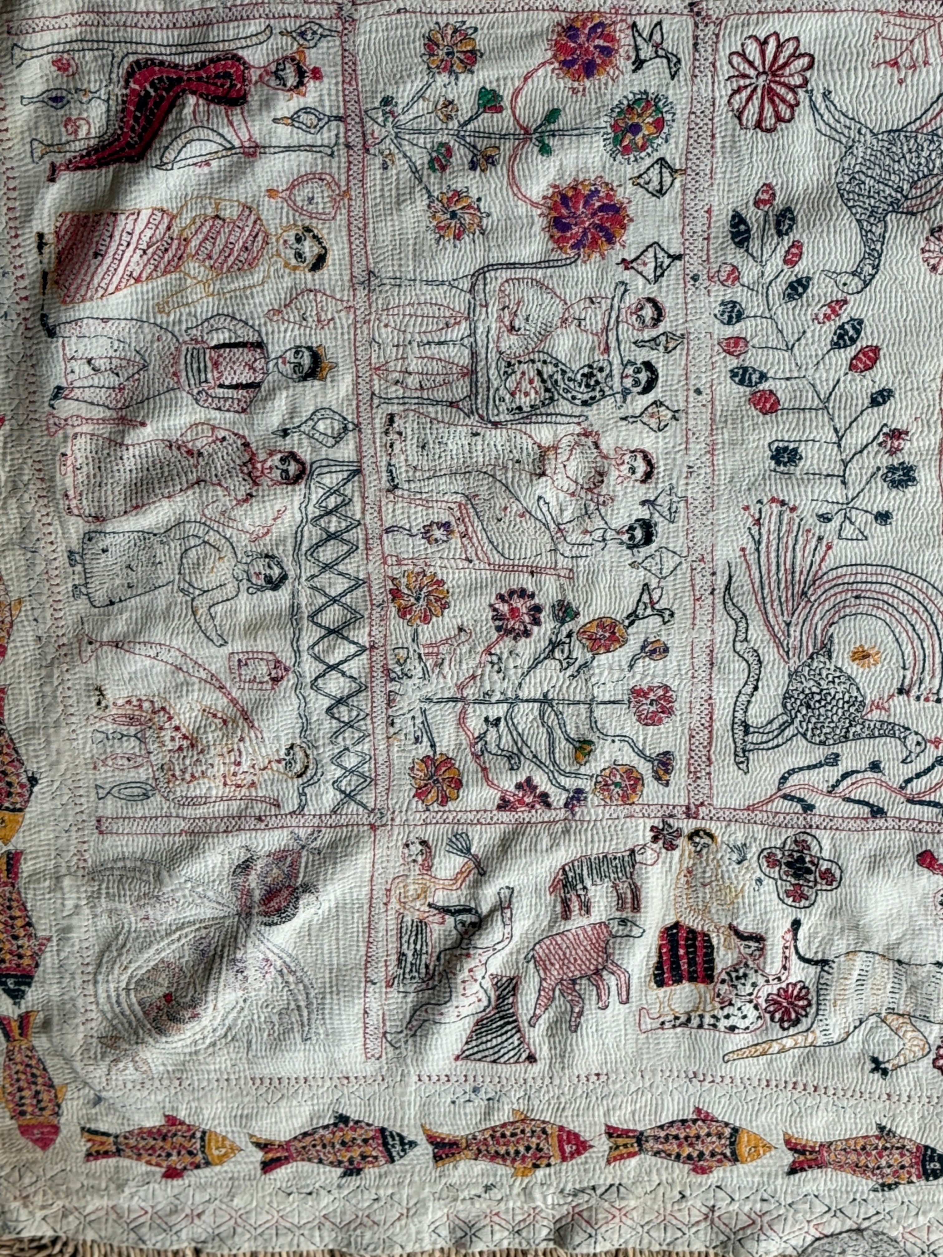 Rare Bengali Nakshi Kantha with Fish Border c late 19th Century