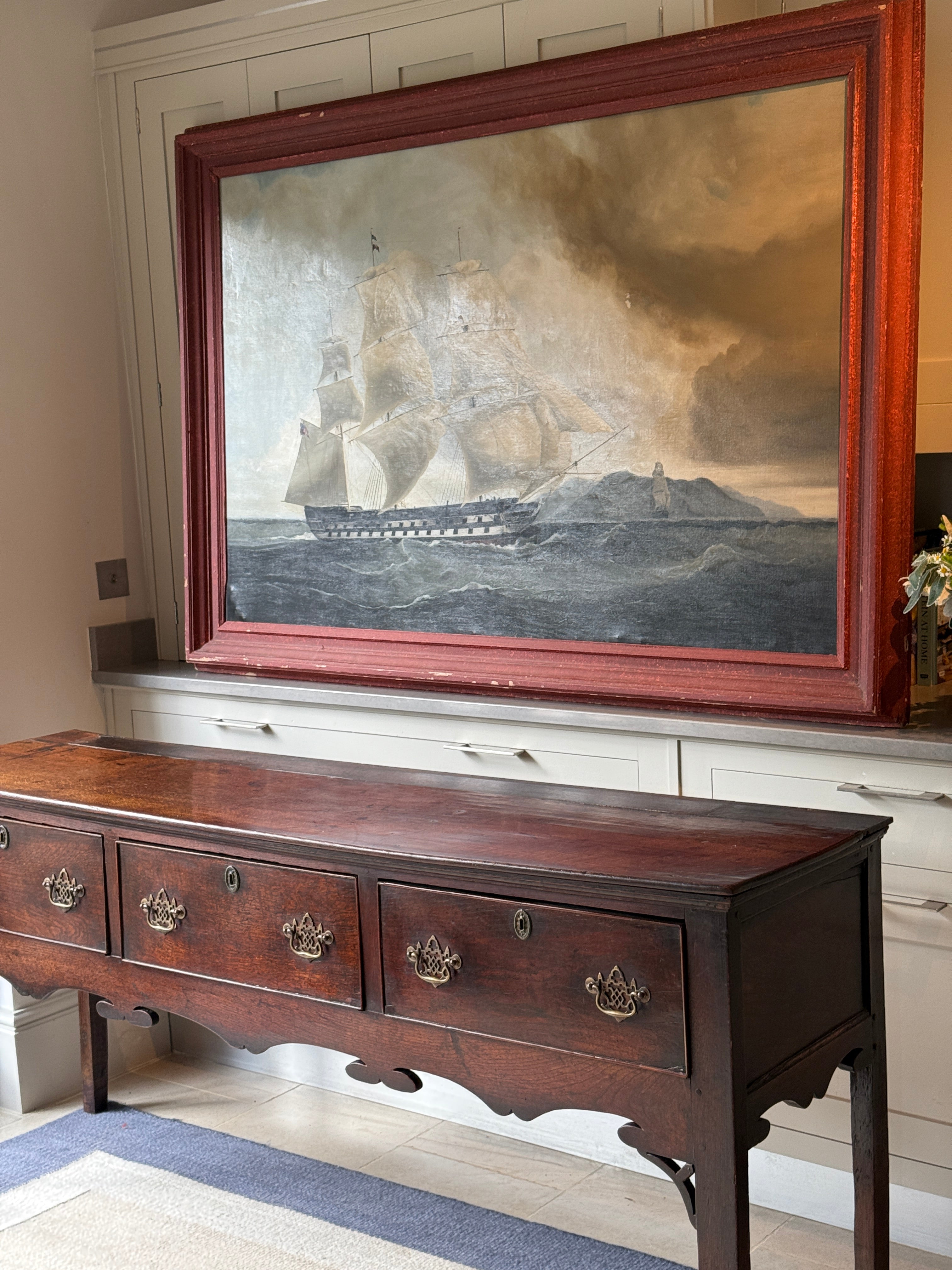 Large Naive Oil Painting of huge Sail boat in Harbour by A Findlay