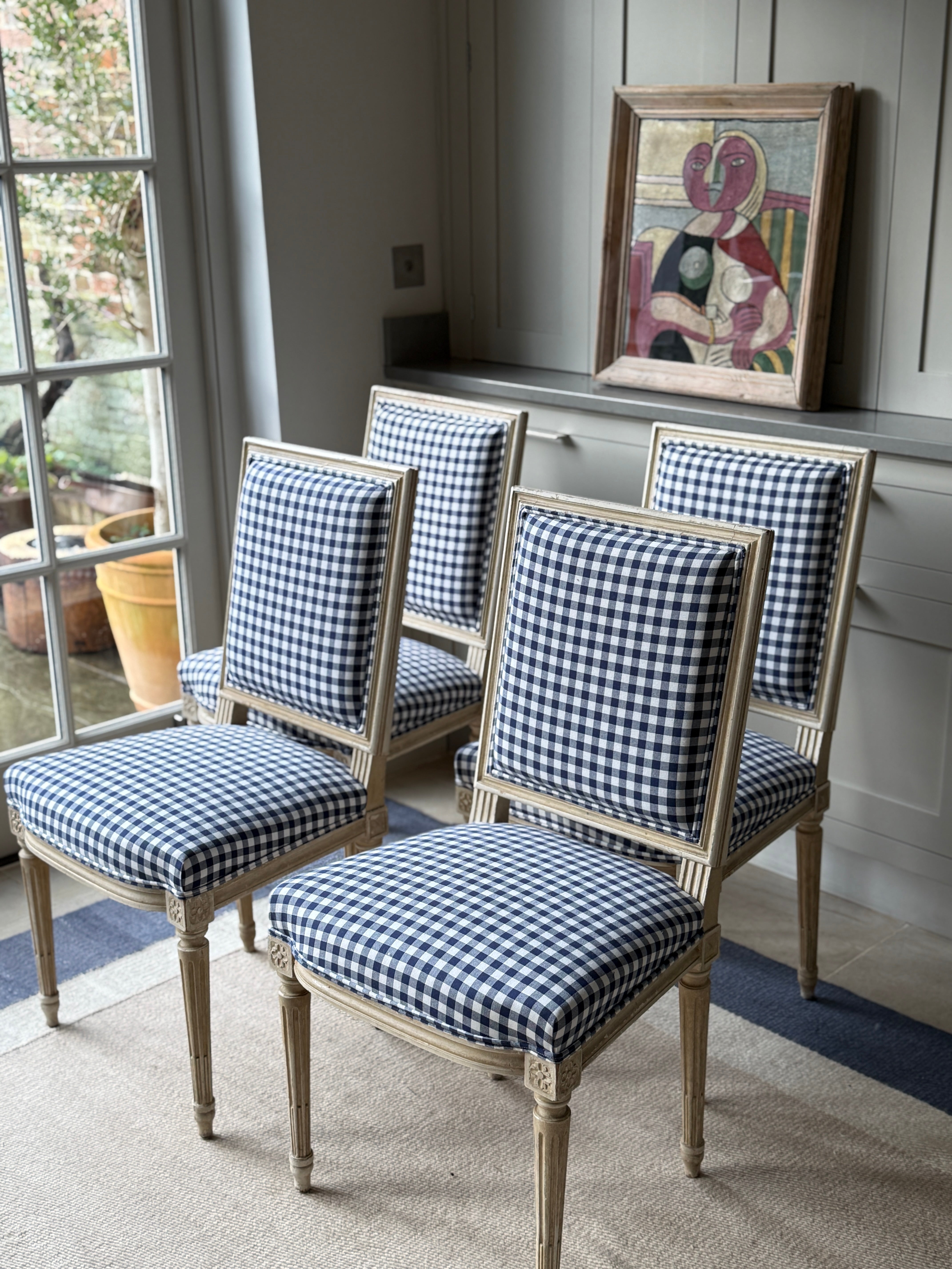Set of 4 French Dining Chairs in Blue and White Gingham