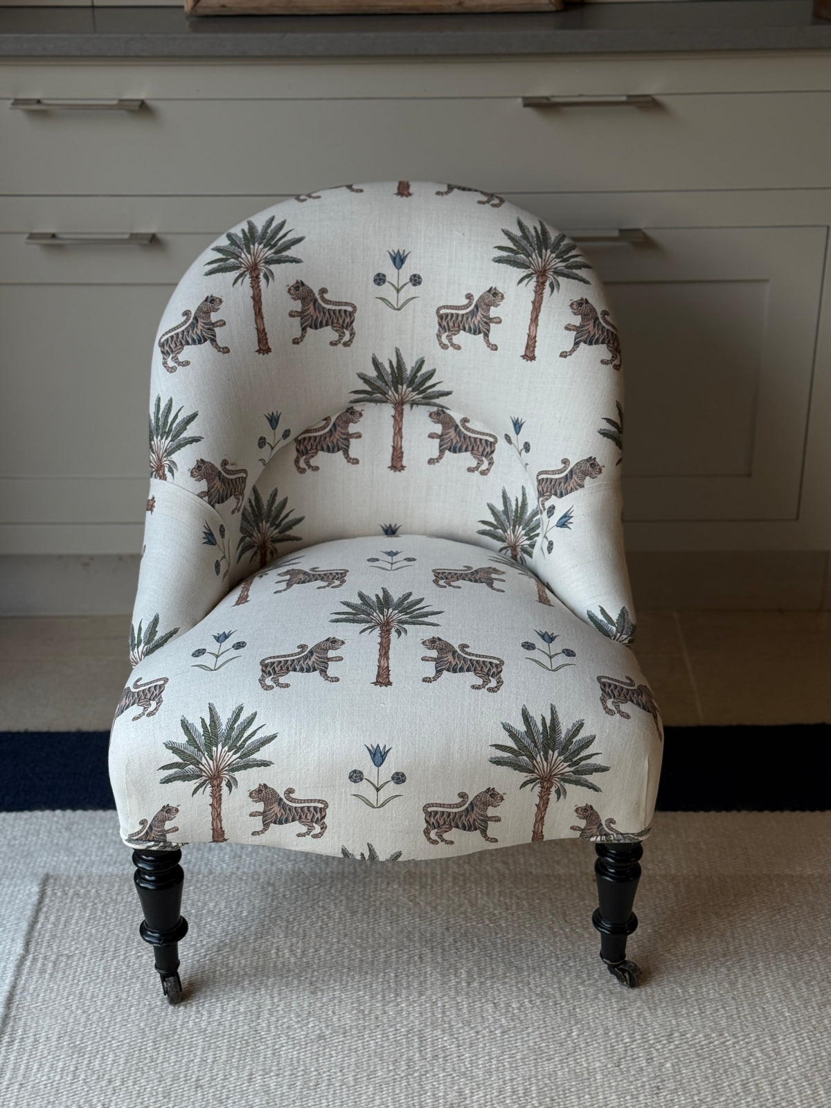 Antique French Slipper Chair in Schumacher ‘ Tiger Palm’