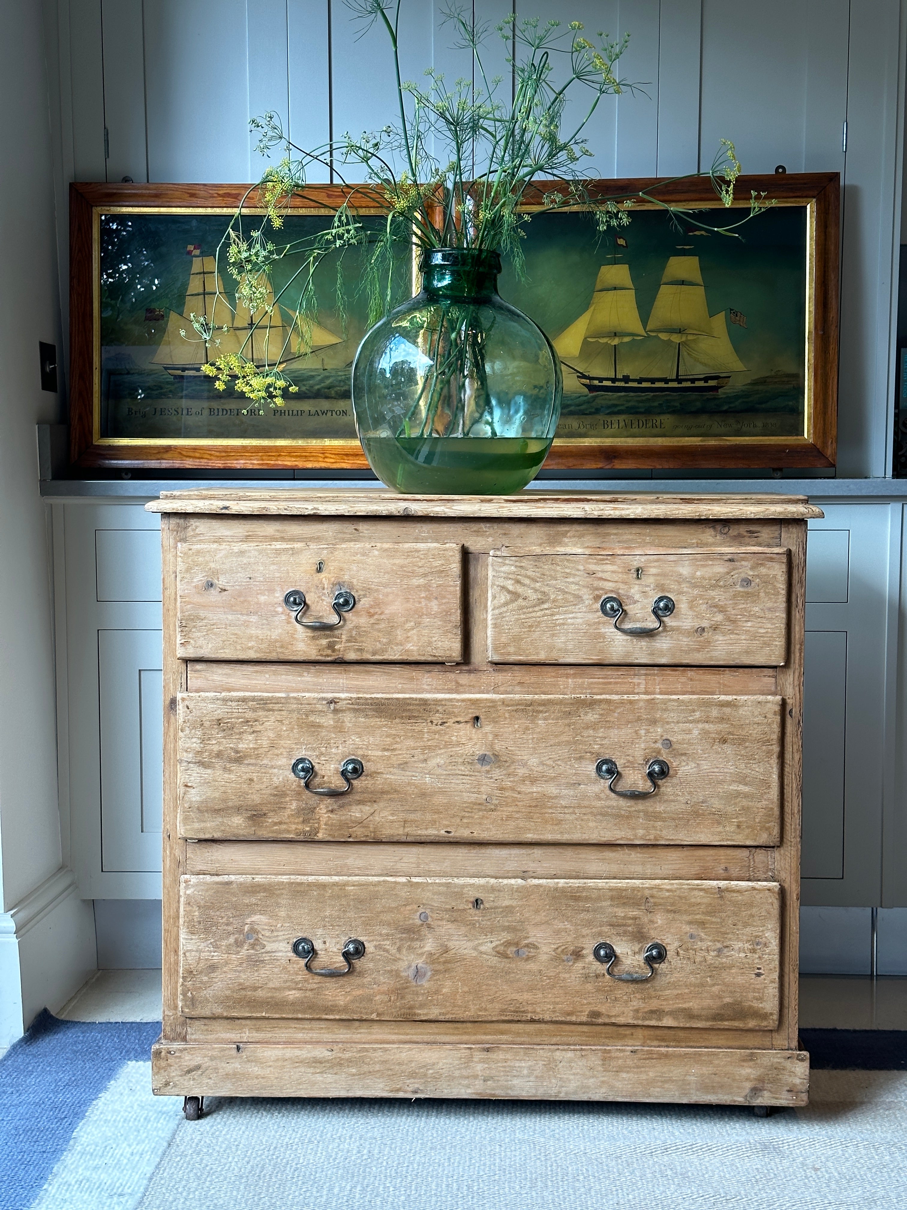 Charming Antique Pine Chest of Drawers on castors