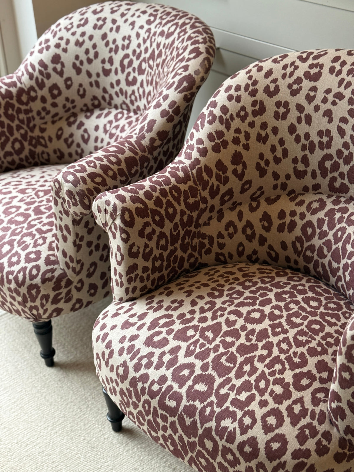 Pair of 19th Century French Chairs in Schumacher Iconic Leopard Linen, Raisin