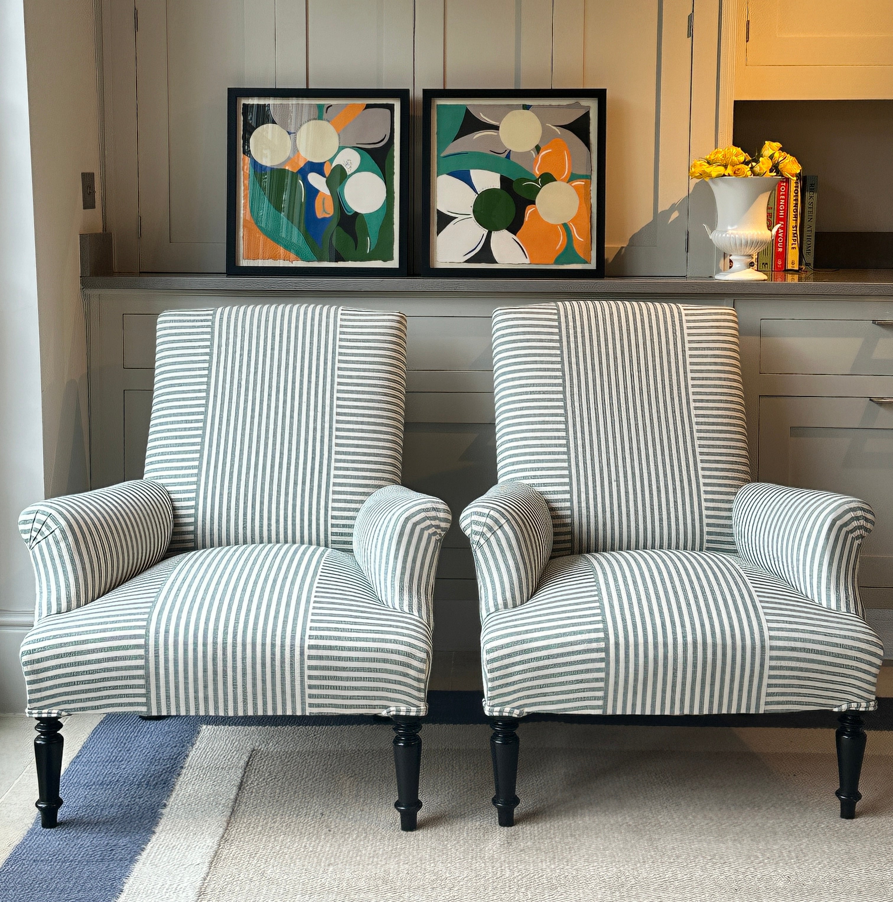 Pair of Napoleon III Squareback armchairs in Green Ticking Criss Cross