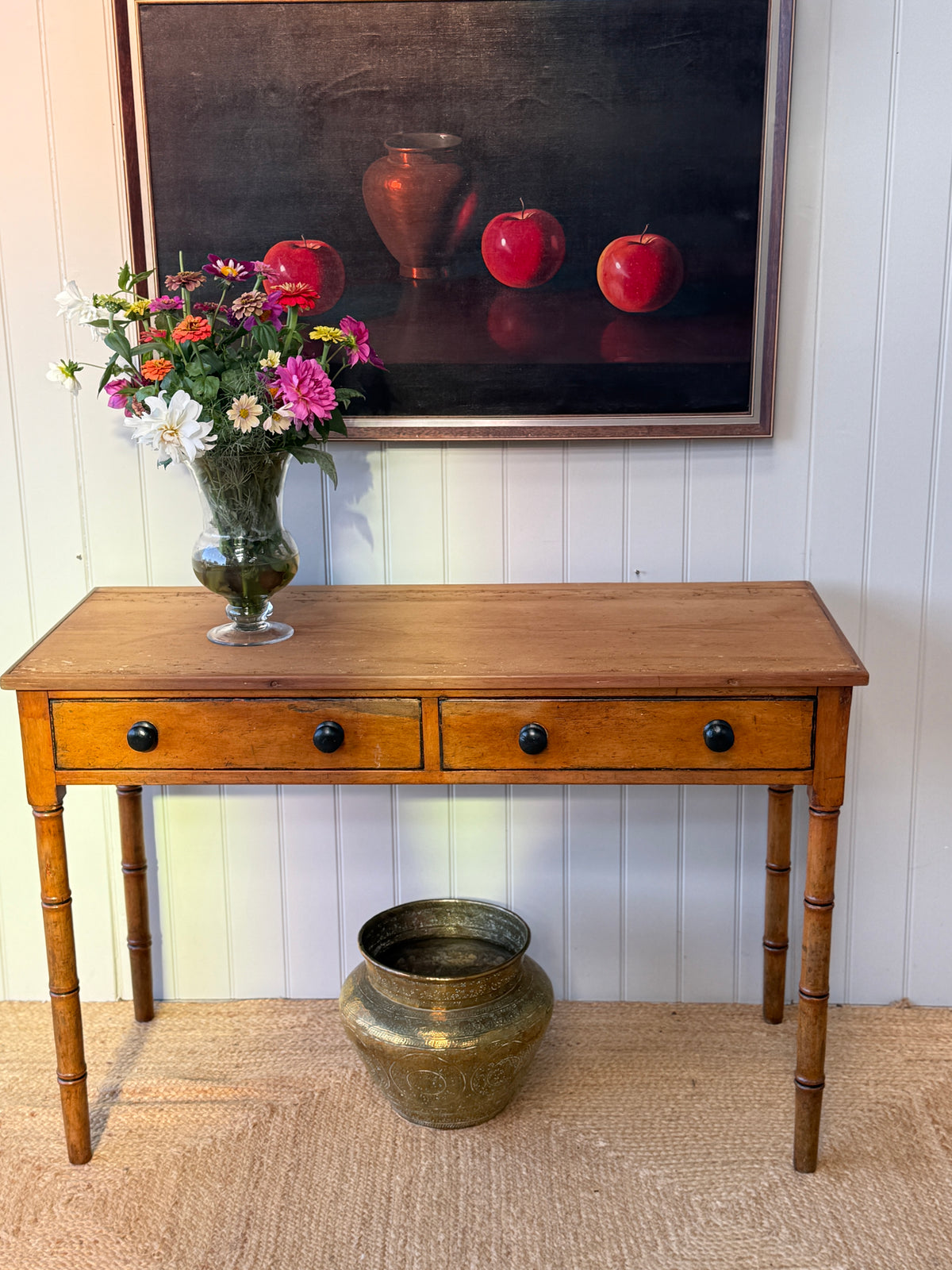 Regency Pine Side Table with Faux Bamboo Legs and Two Drawers