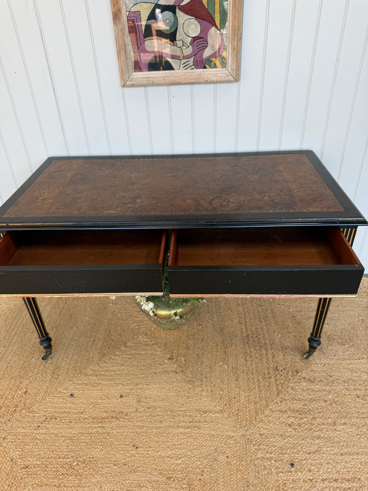 Victorian Aesthetic Movement Ebonised Writing Table with Gilt Detail and Leather Top