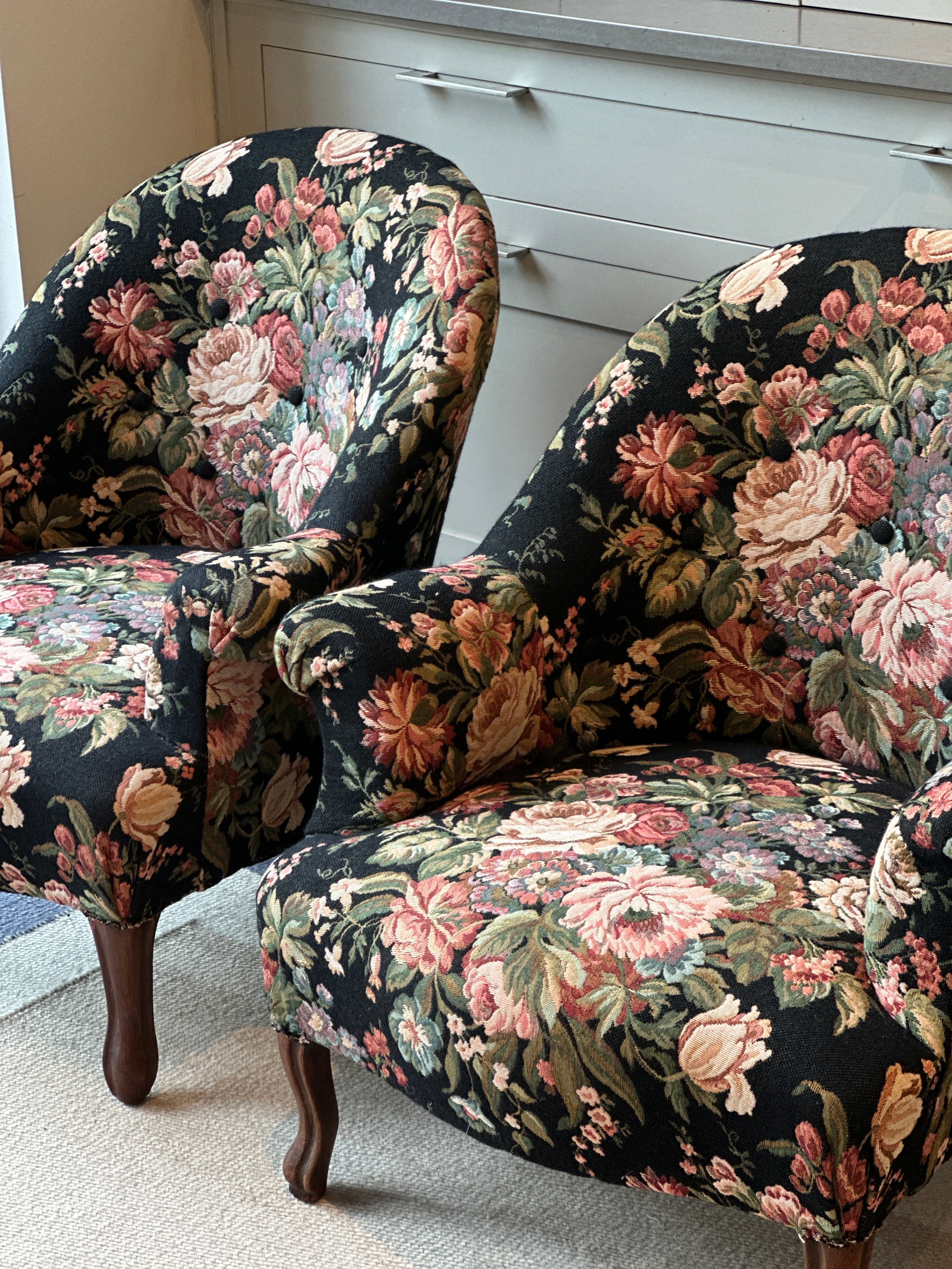 Pair of French 🇫🇷 Tub Chairs with original black floral tapestry fabric.