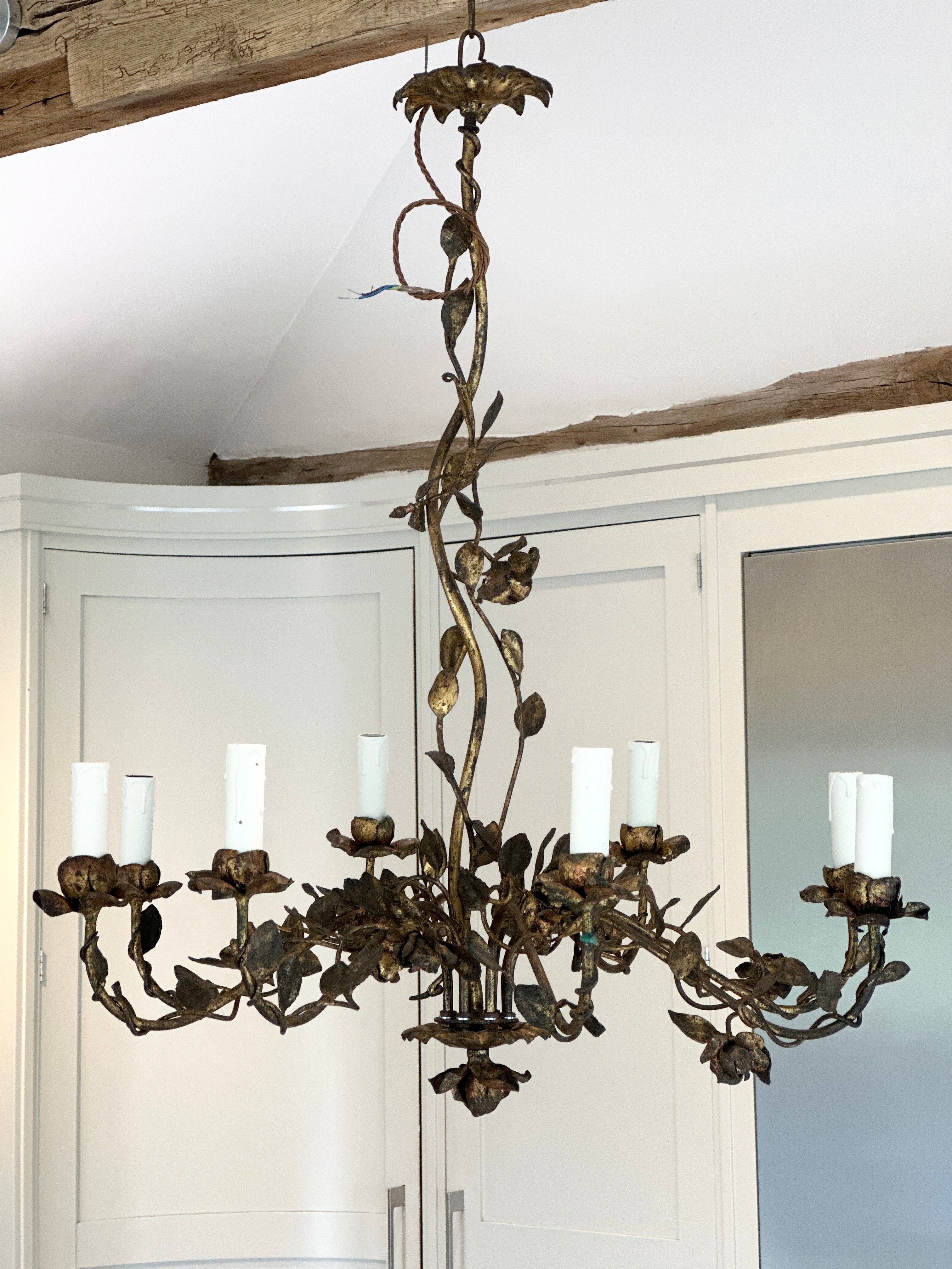 Beautiful Large French Toleware Chandelier with faded gilt