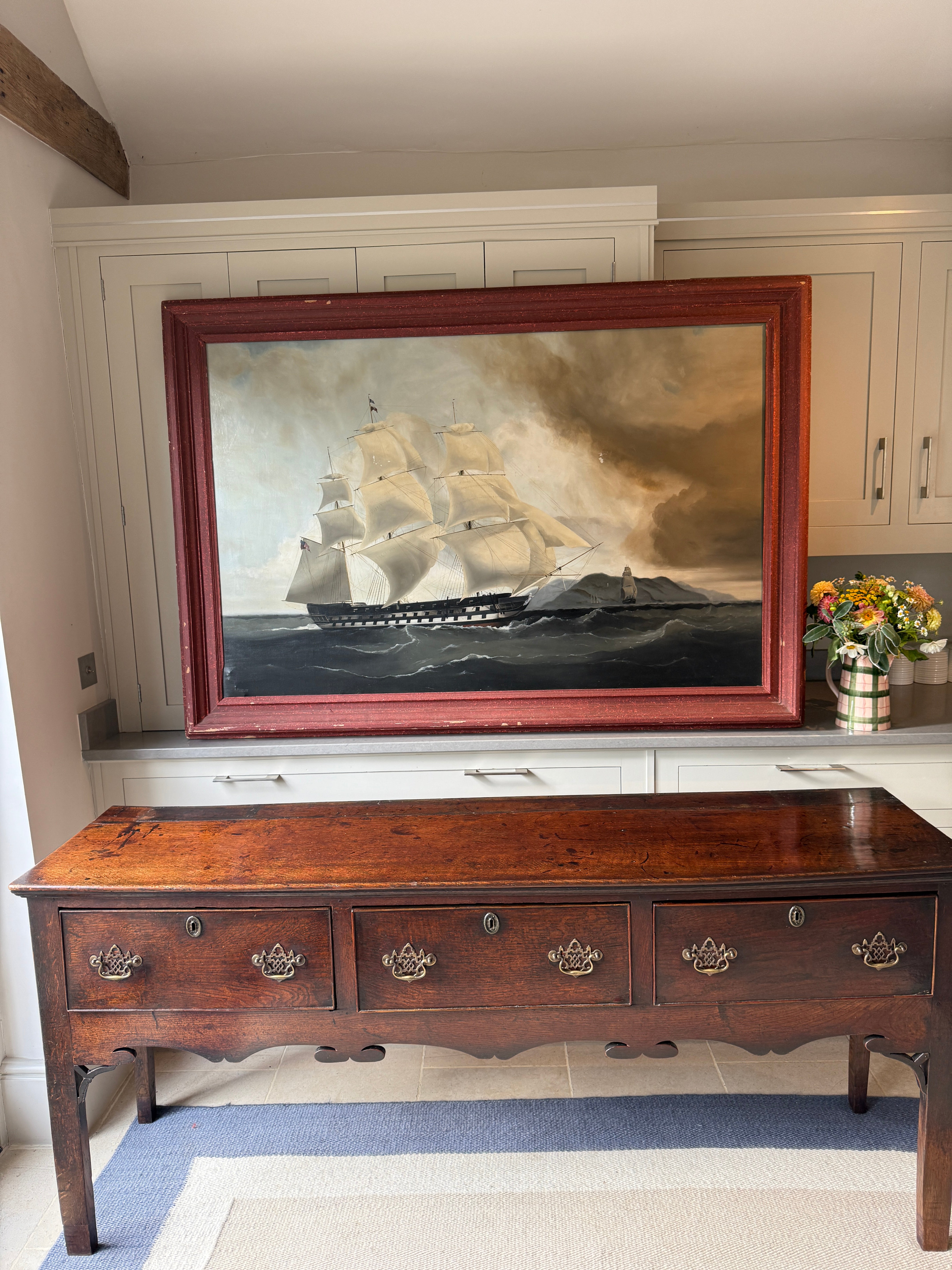 Large Naive Oil Painting of huge Sail boat in Harbour by A Findlay