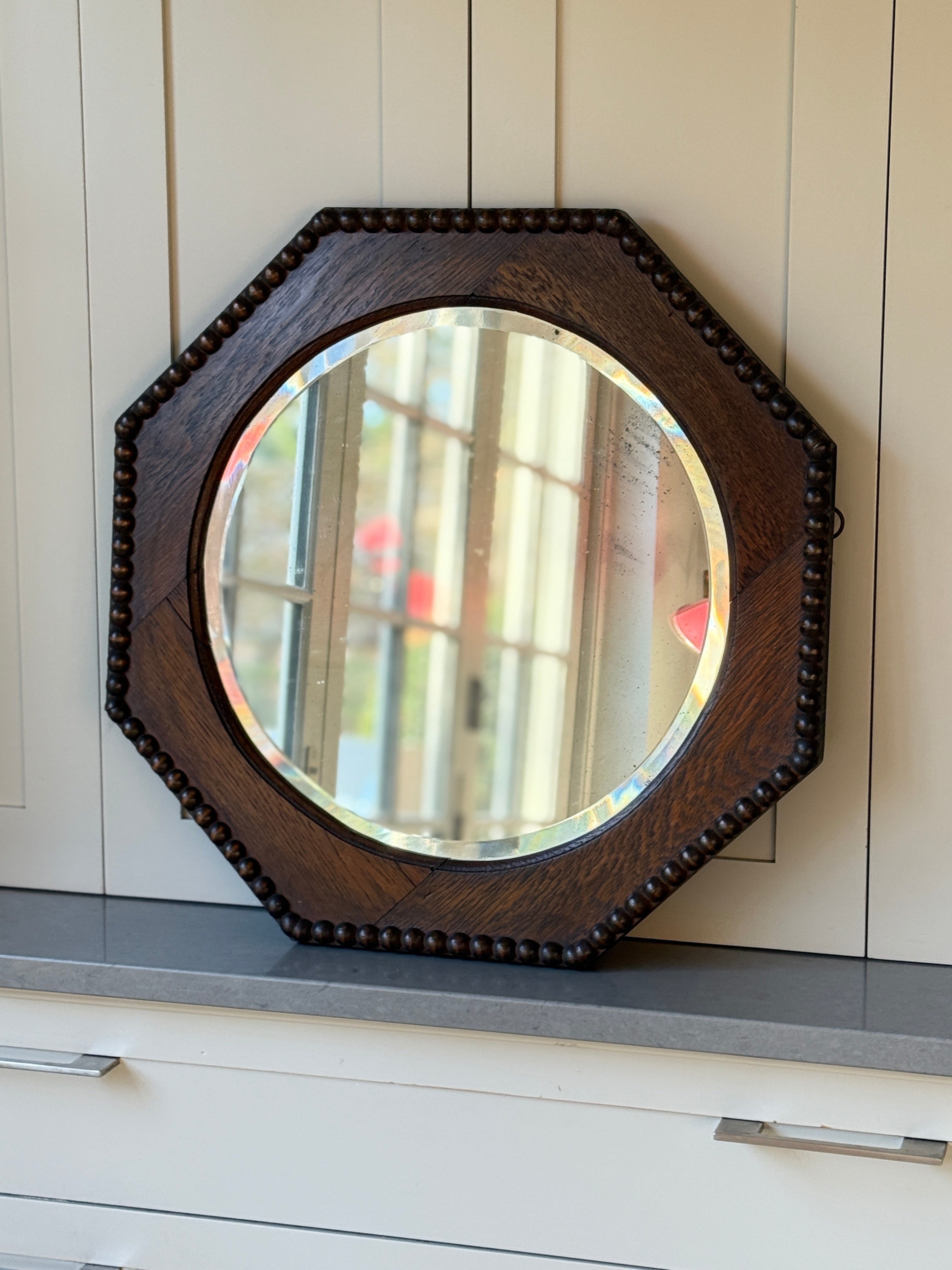 Arts & Crafts Octagonal Wooden Mirror with Bobbin Border
