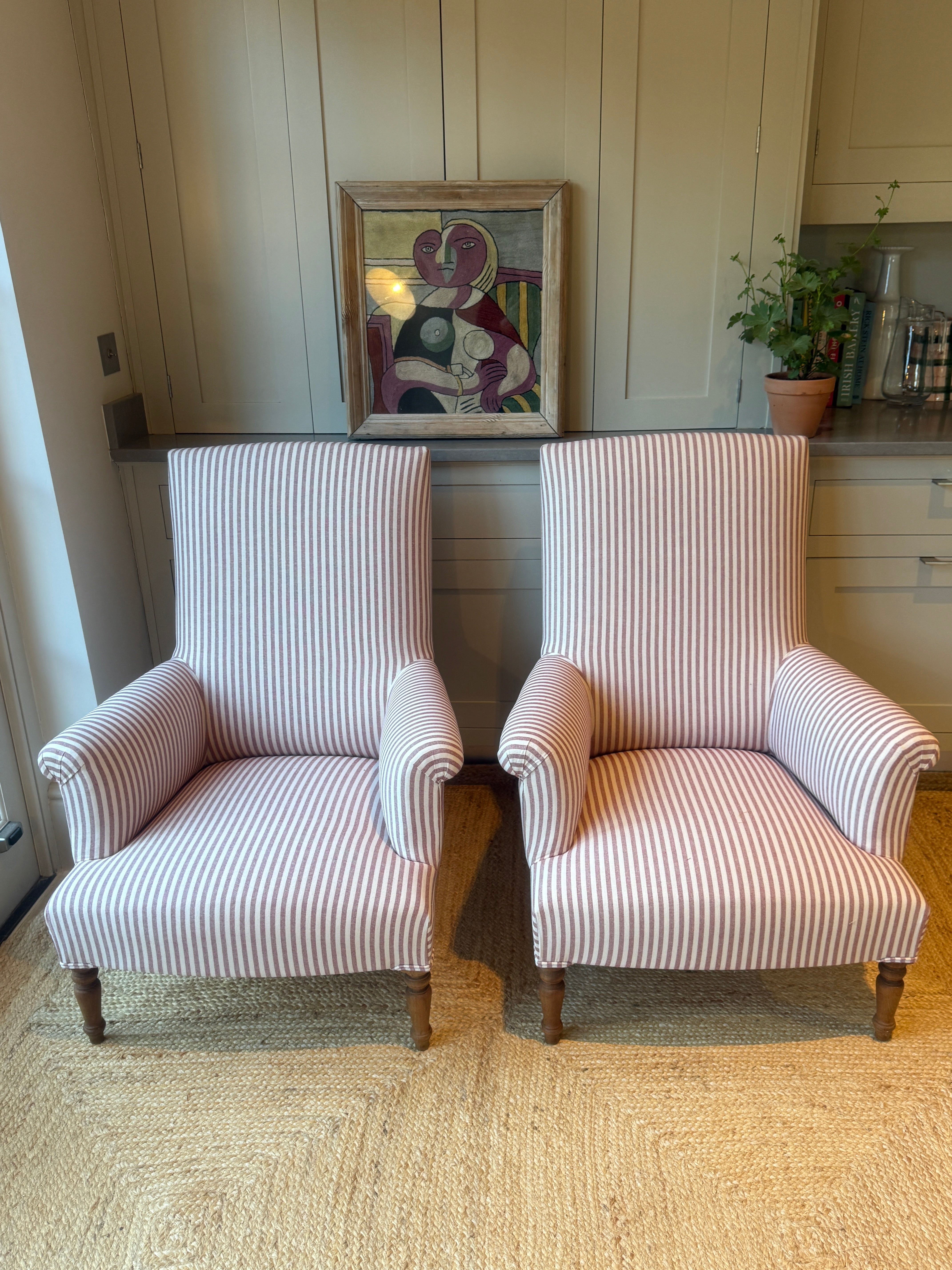 Large Pair of French Armchairs in red and white ticking