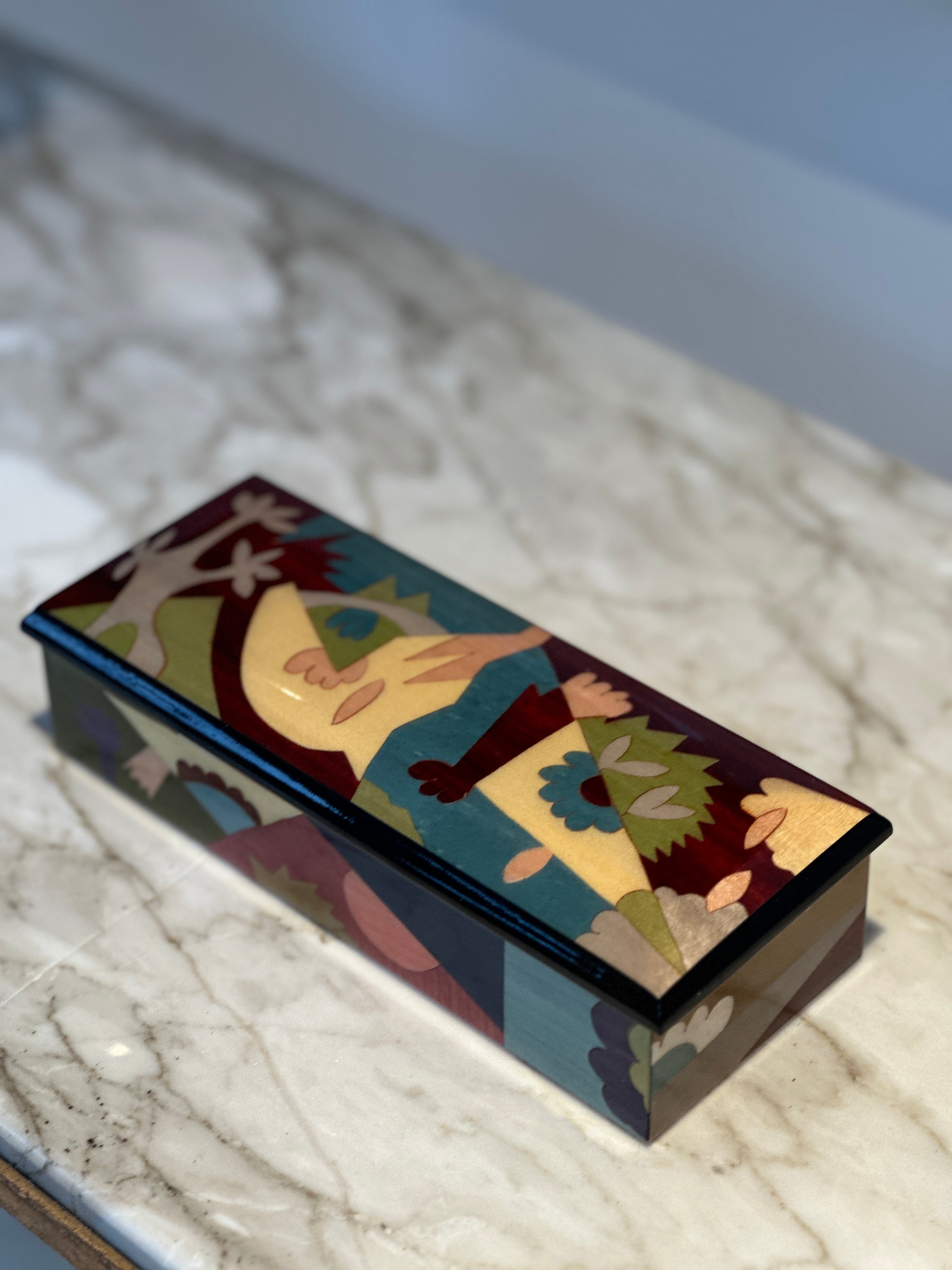 Long Rectangular Marquetry Boxes with Velvet Interiors