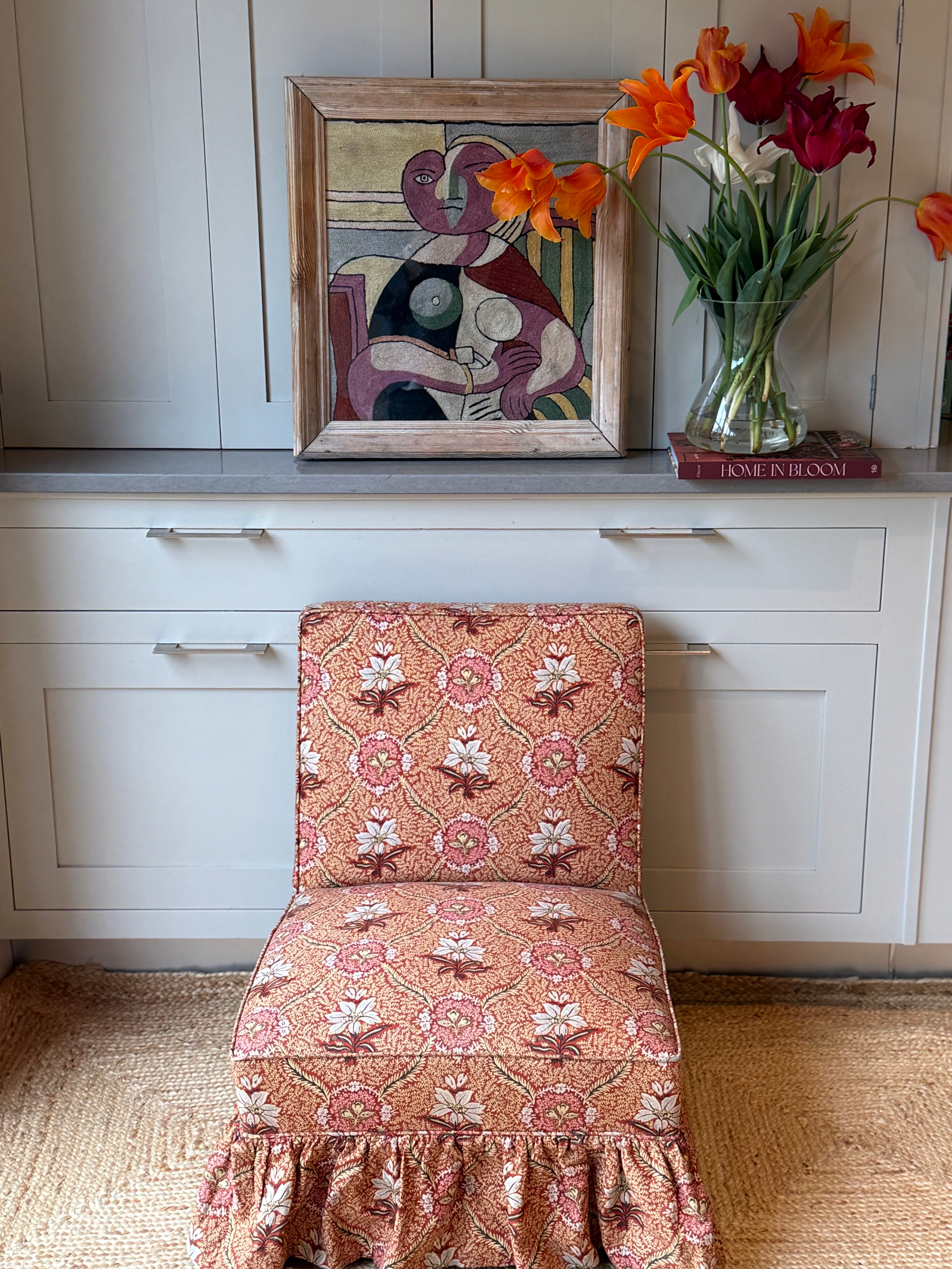 French Antique Slipper Chair with vintage floral fabric